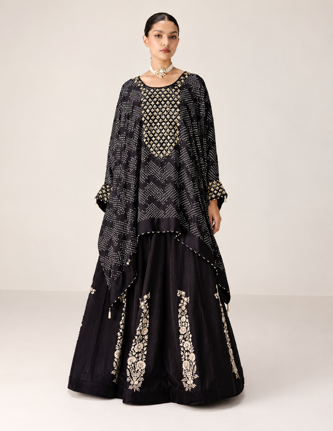 Black zardozi embroidered kaftan skirt set