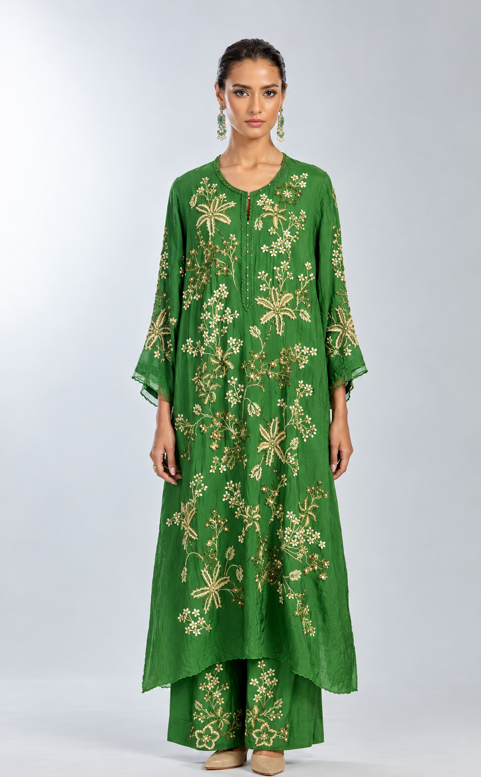 Fern color kurta set in silk with intricate floral hand embroidery