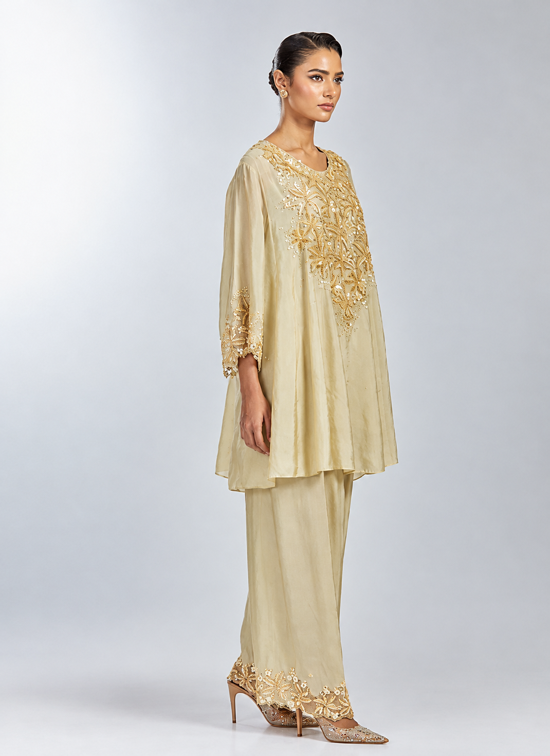 Silver silk kalidar salwar set with intricate hand embroidered yoke
