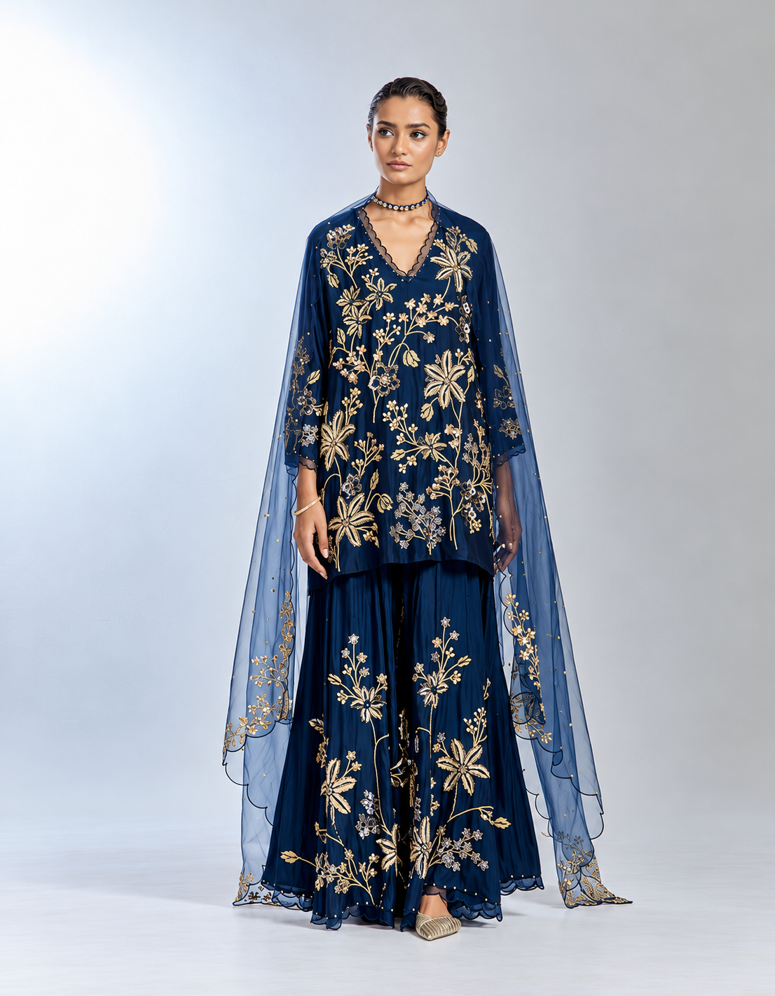 Navy silk organza dupatta with hand embroidered corners