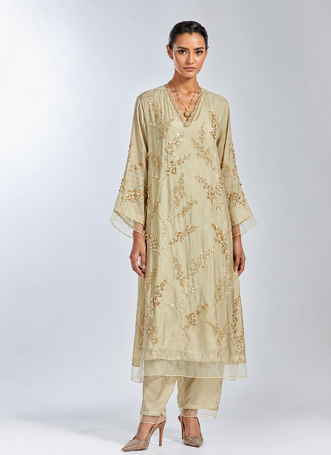 Silver silk A-line kurta set with floral hand embroidered clusters