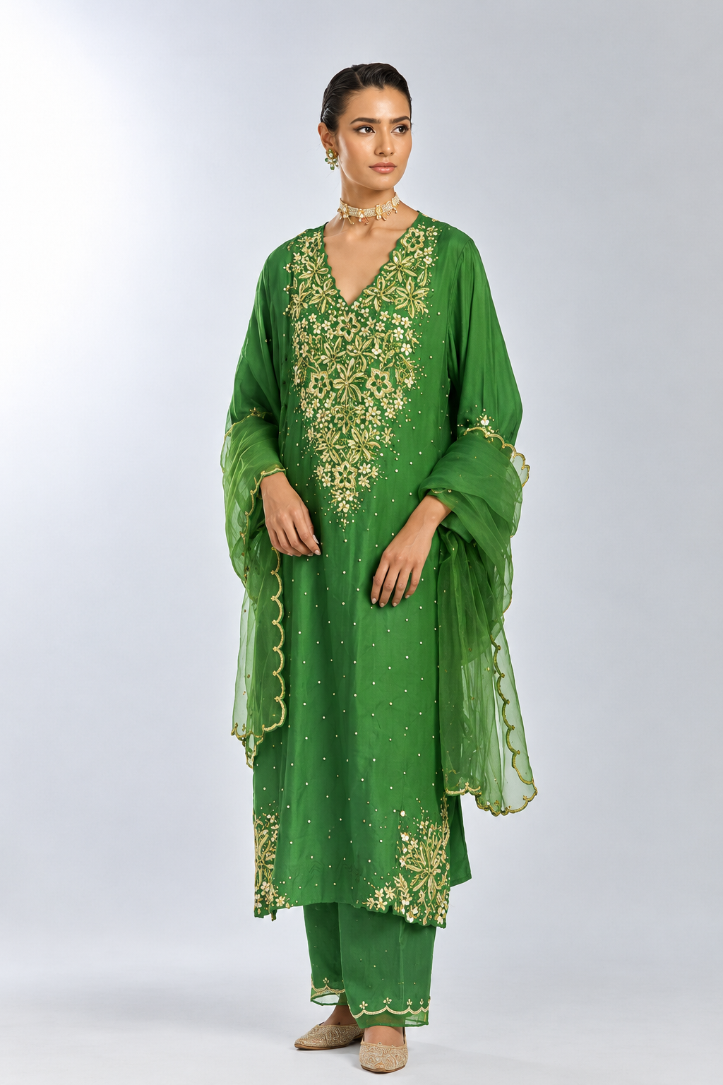 Fern color dupatta with scalloped edges and sequins spray