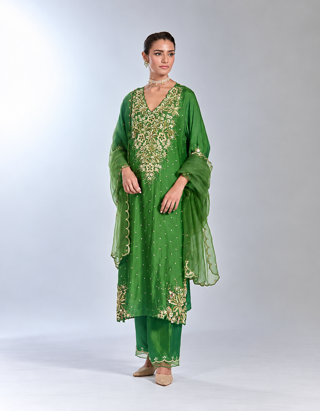 Fern color dupatta with scalloped edges and sequins spray