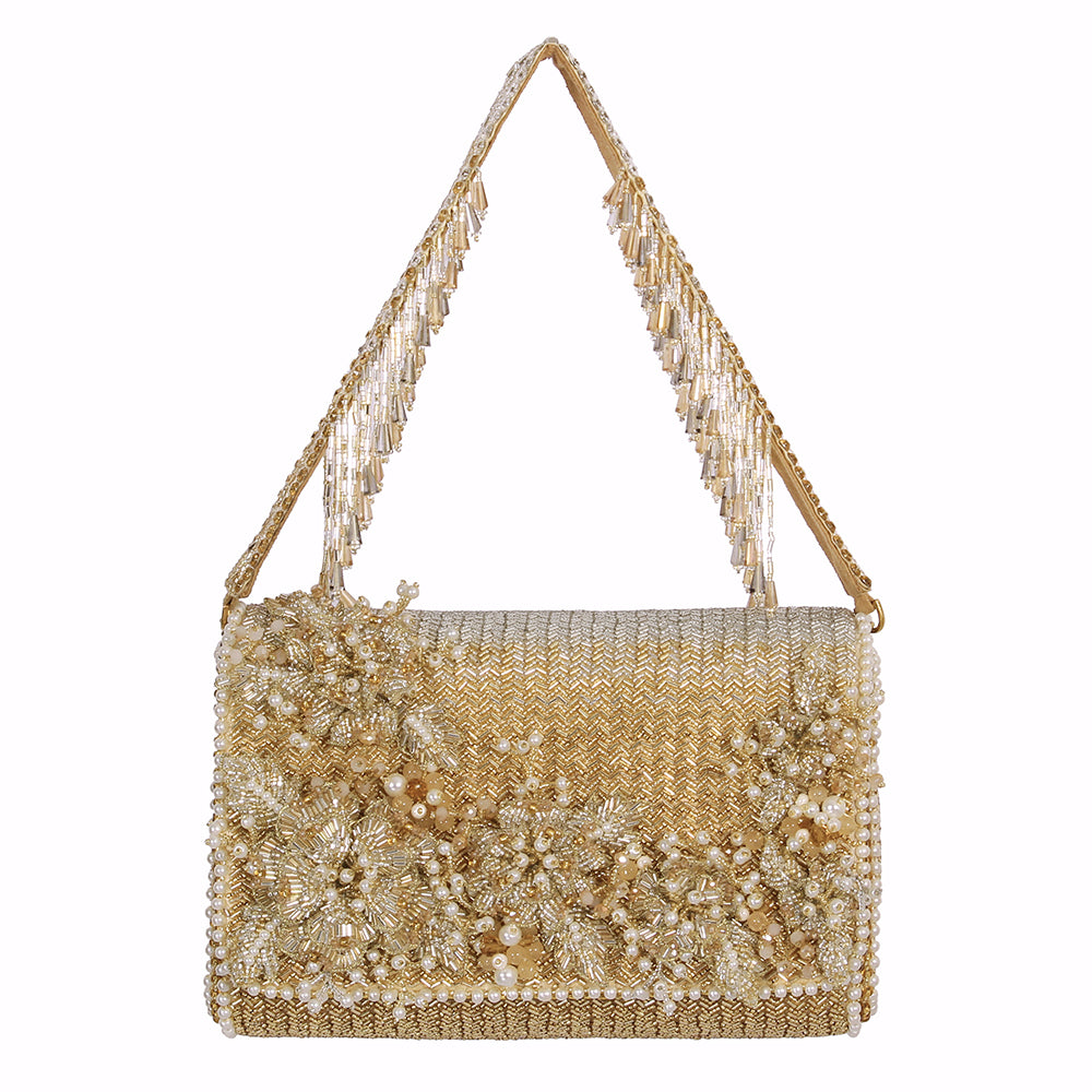 Esme Flapover Clutch Peerless Gold Lustrous Silver With Handle