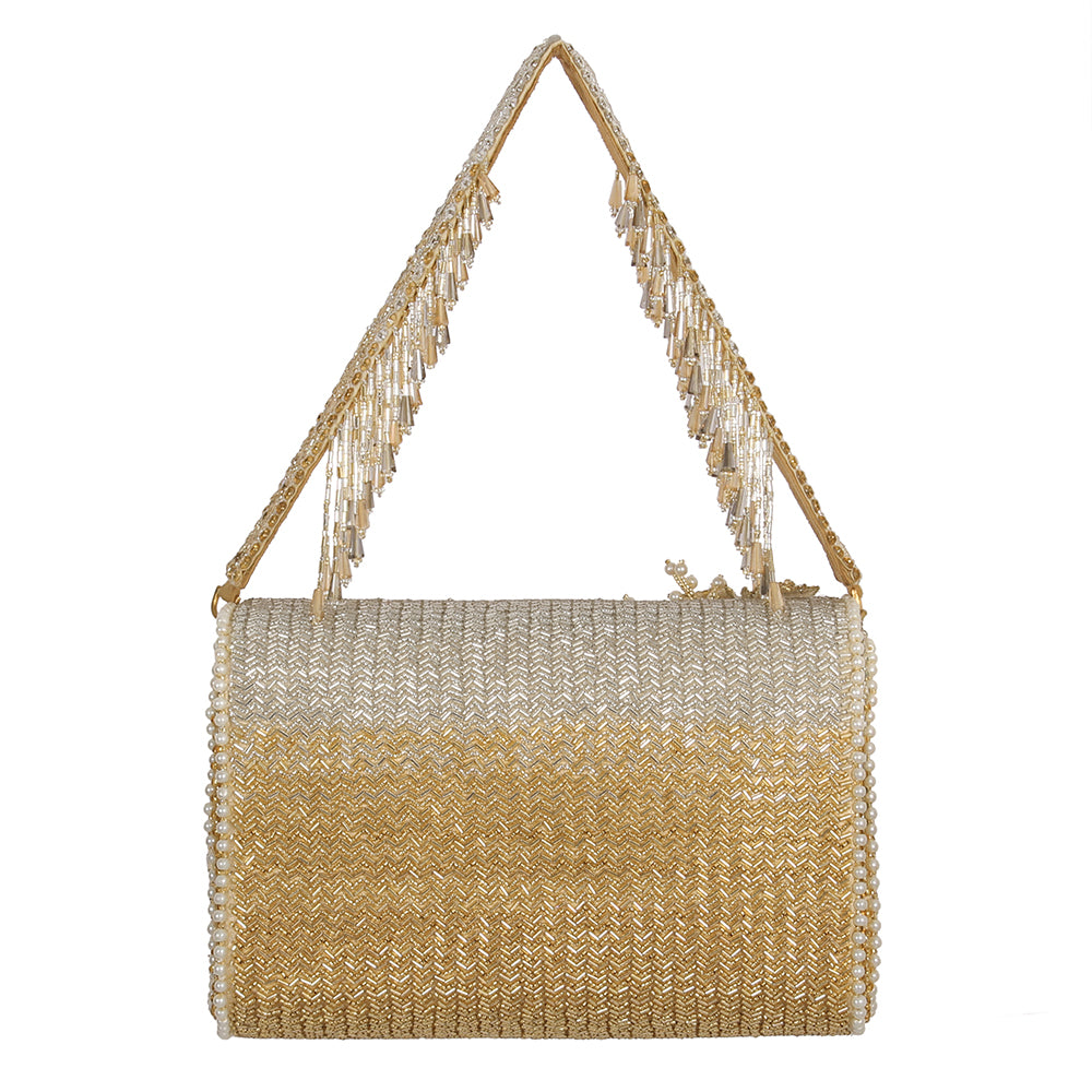 Esme Flapover Clutch Peerless Gold Lustrous Silver With Handle