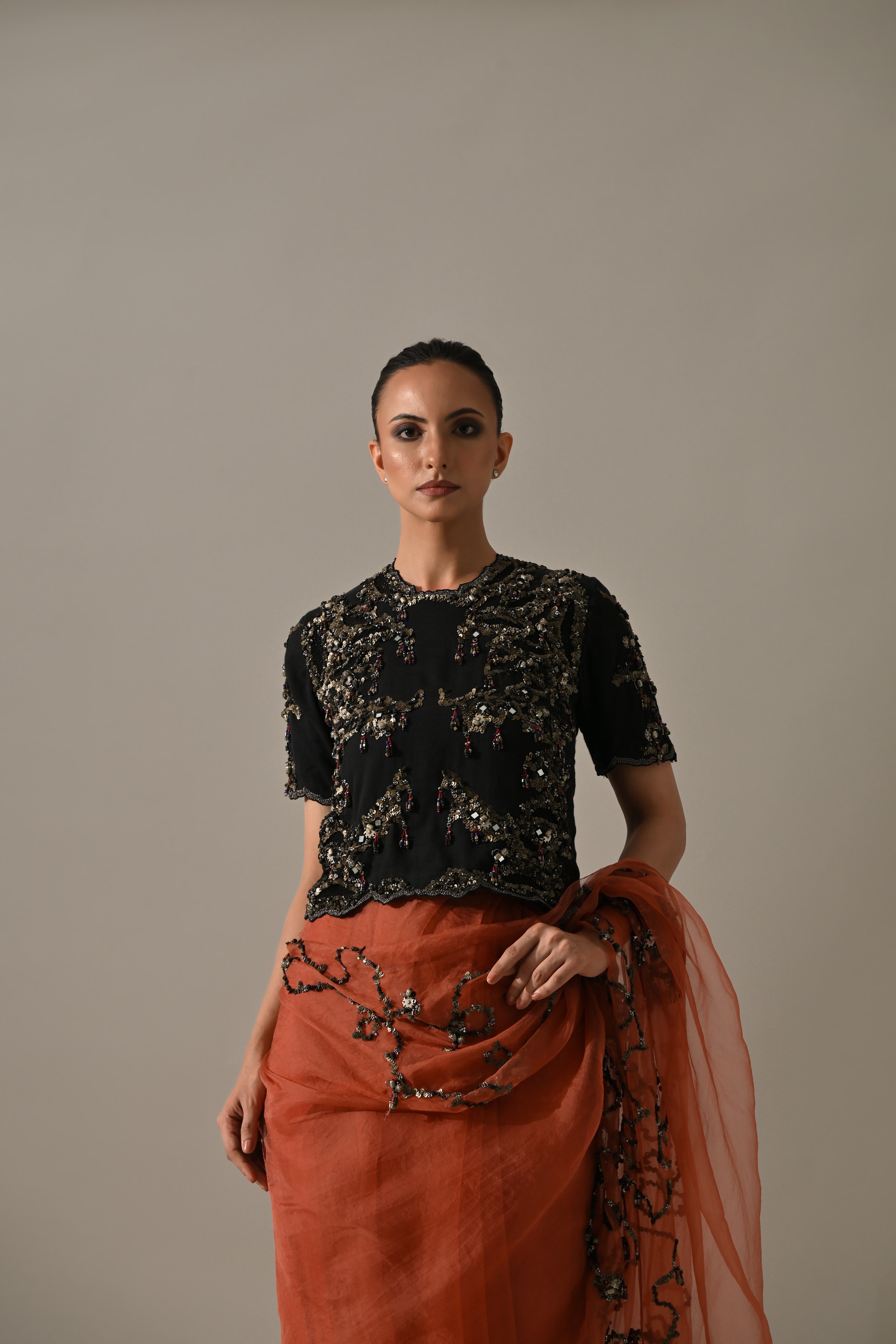 Peach Black Hand Embroidered Saree Set