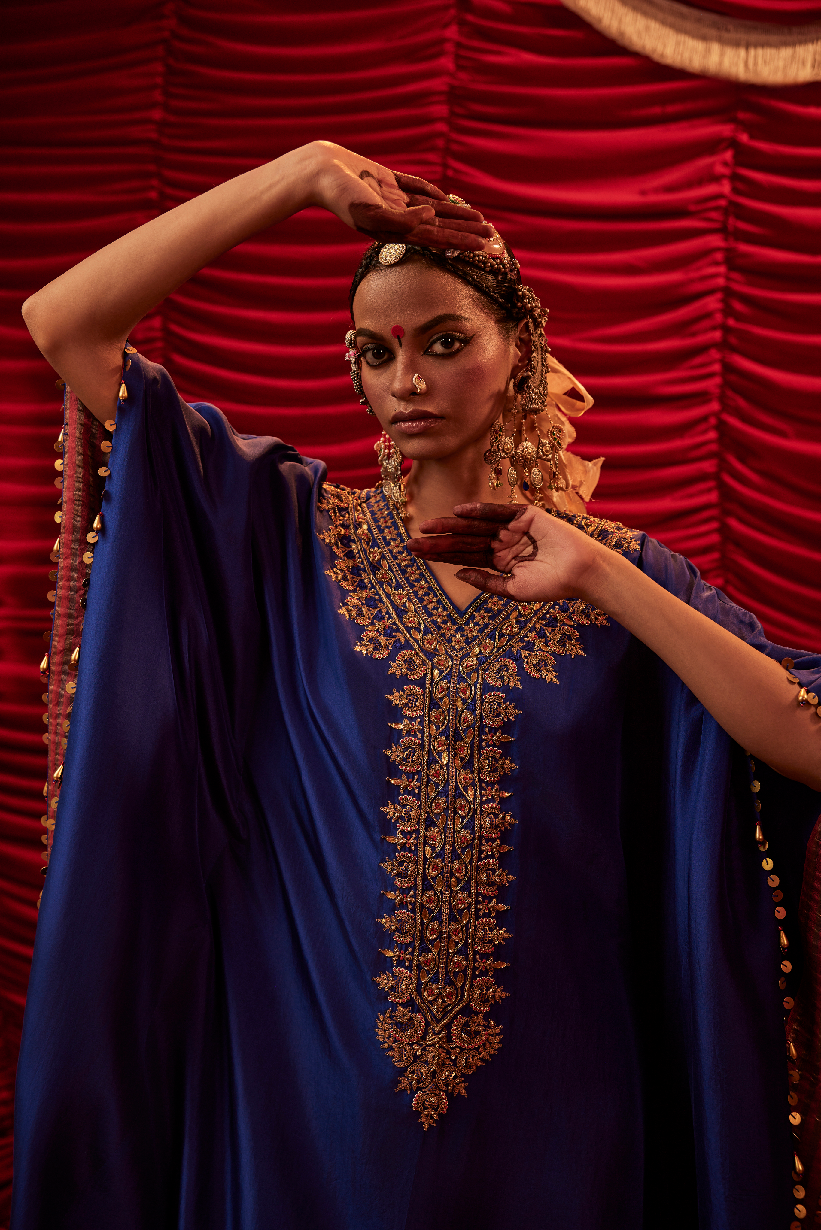 Luxurious Blue Silk Kaftan Pant Set with Intricate Zardozi Resham Embroidery