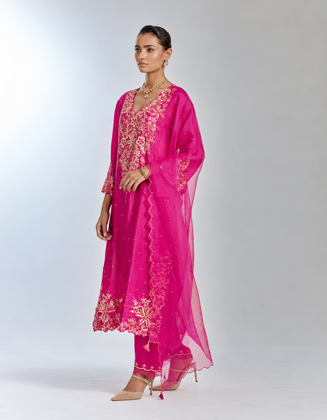 Hot pink color dupatta with scalloped edging and sequin detail