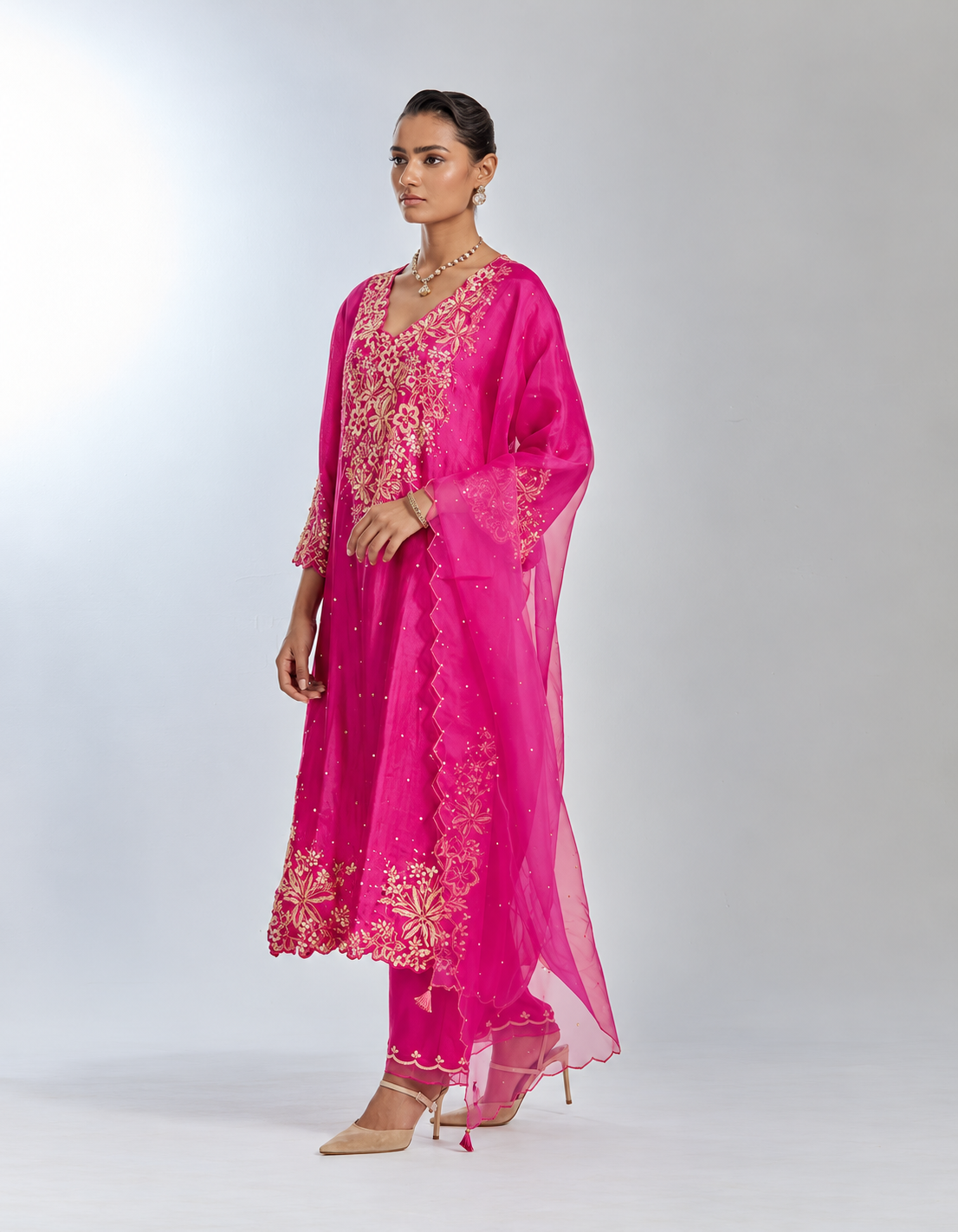 Hot pink silk organza dupatta with scalloped edging and sequin detail