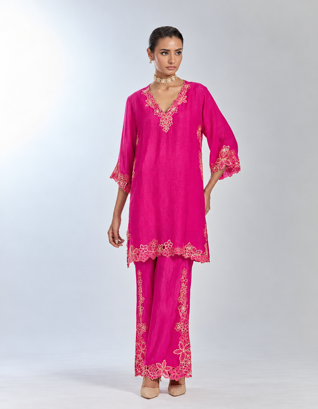 Hot pink silk co-ord set with floral cutwork and delicate hand embroidery
