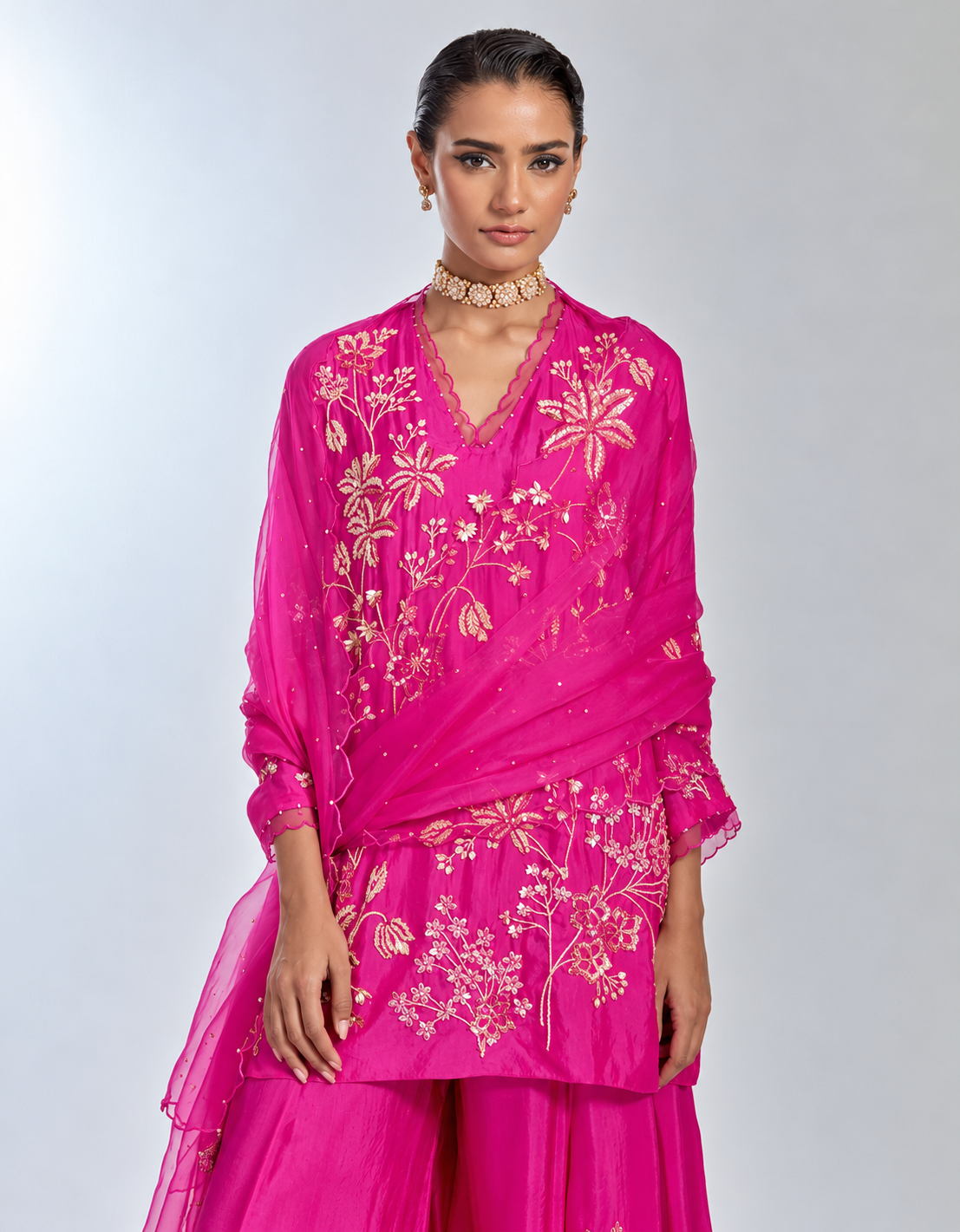 Hot pink silk organza dupatta with scalloped edging and sequin detail