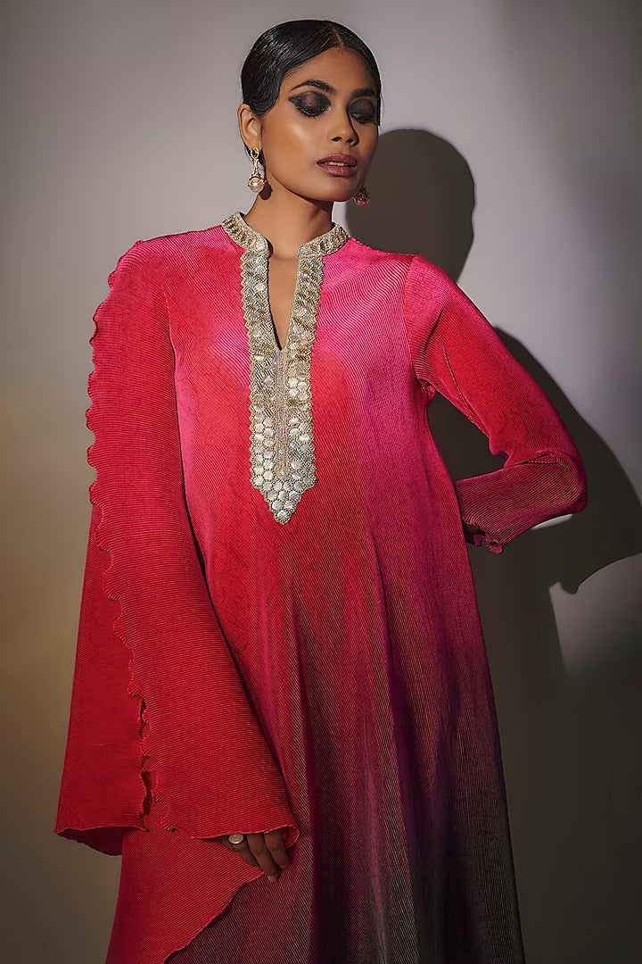 Fuchsia & Grey Pleated Polyester Embroidered Ombre Draped Kaftan
