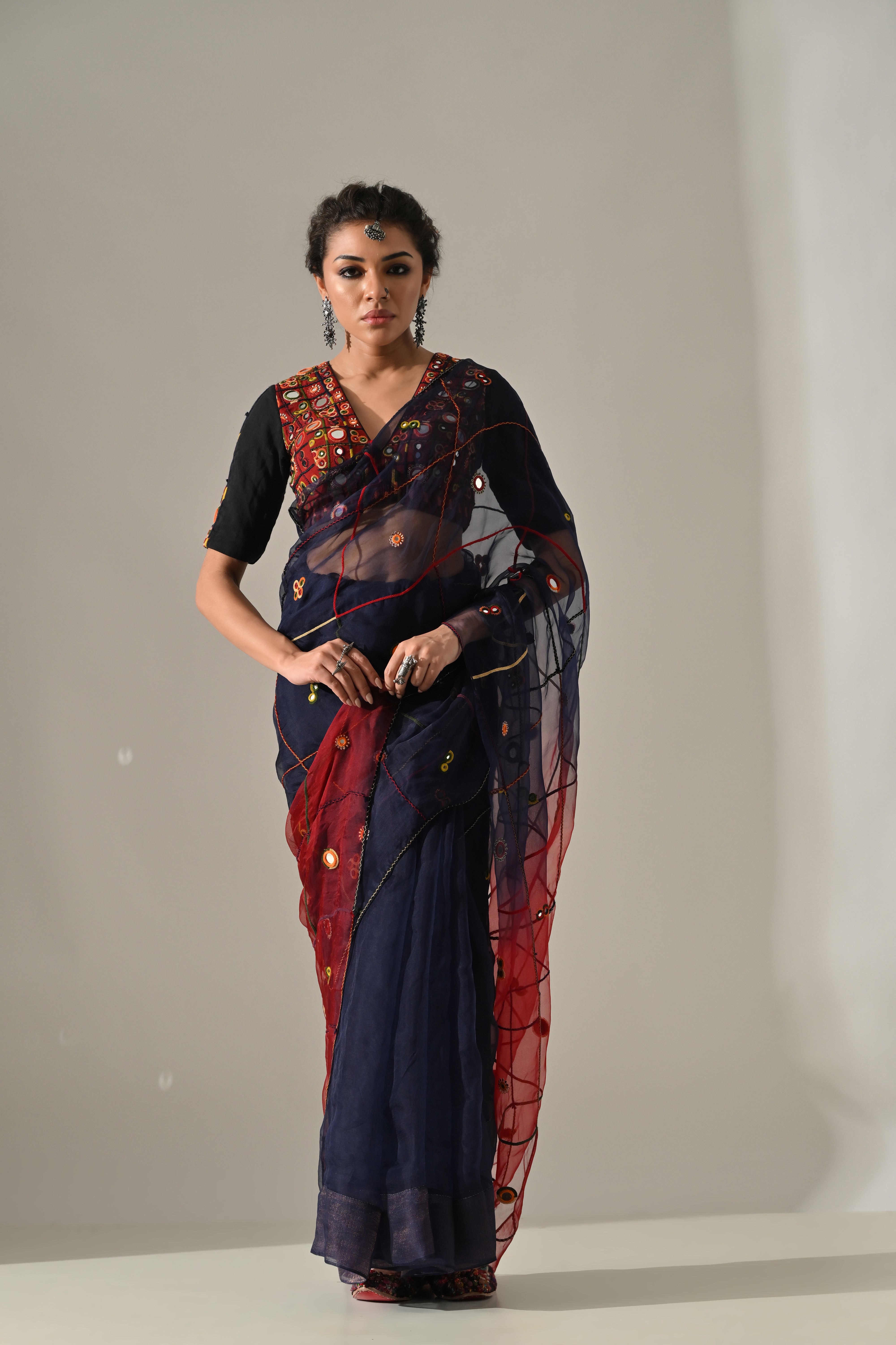 Blue Red Ombre Dyed Hand Embroidered Saree Set