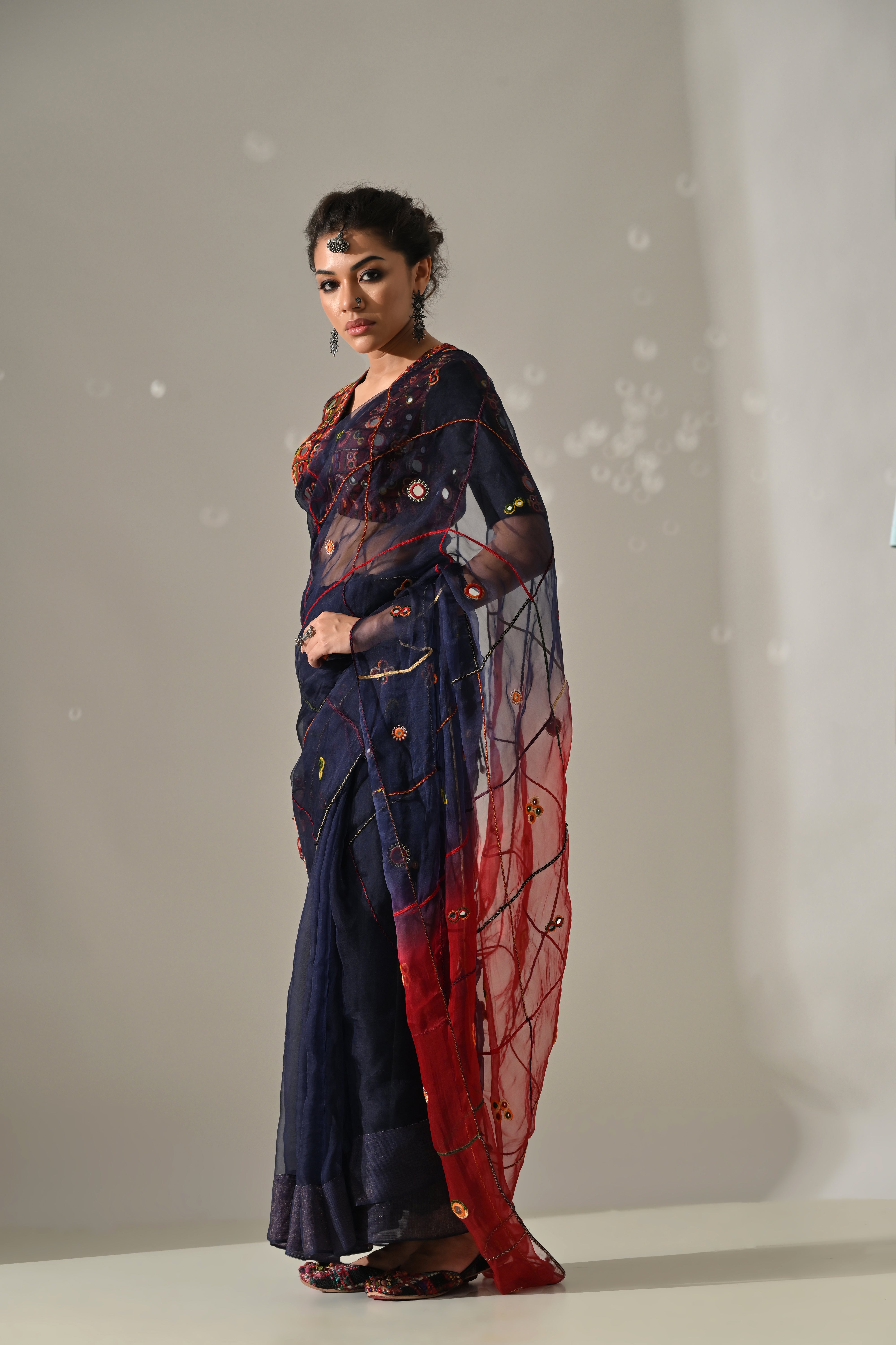 Blue Red Ombre Dyed Hand Embroidered Saree Set