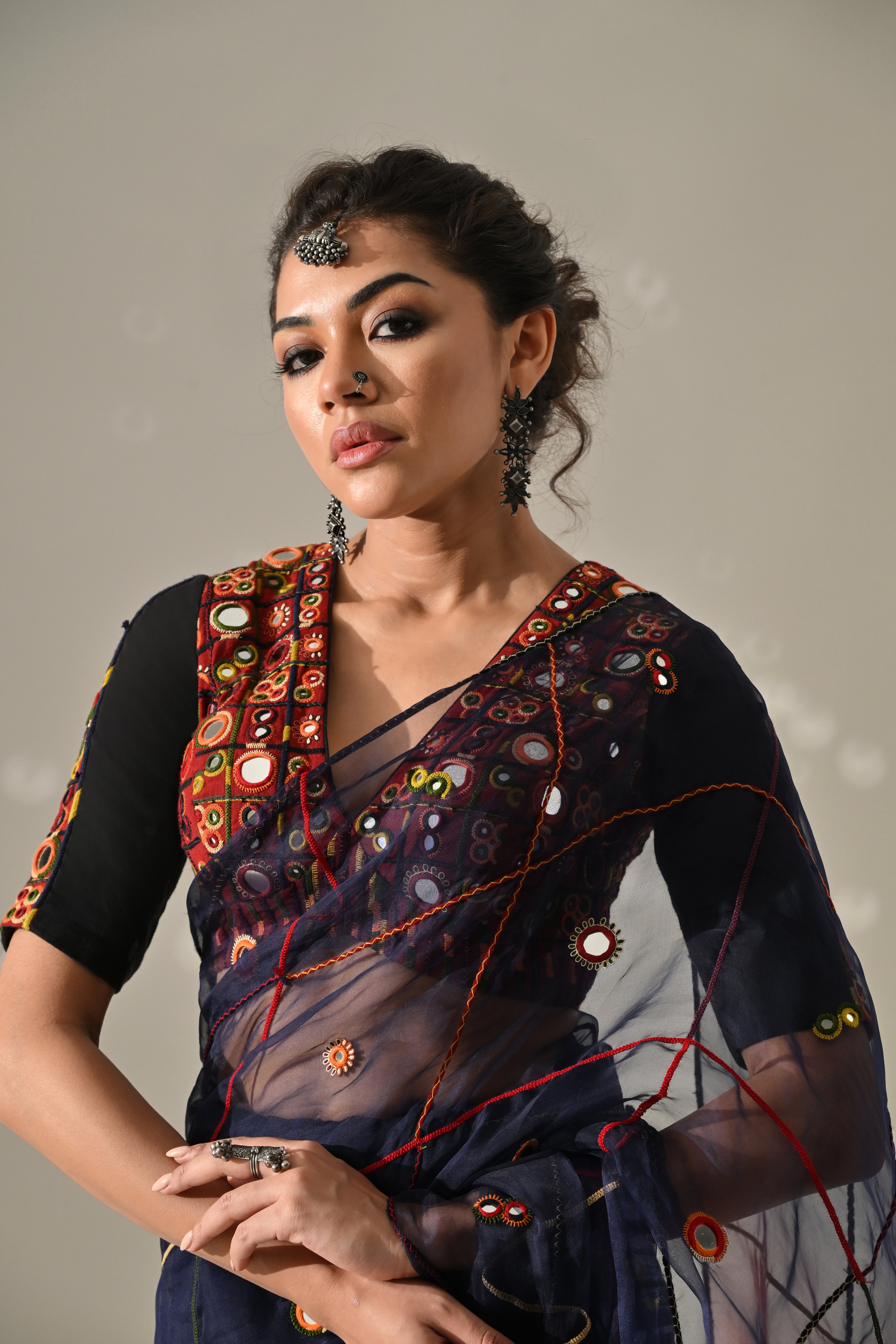 Blue Red Ombre Dyed Hand Embroidered Saree Set