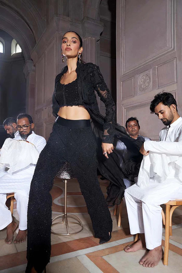 Black Zorah Pure Organza Jacket Set