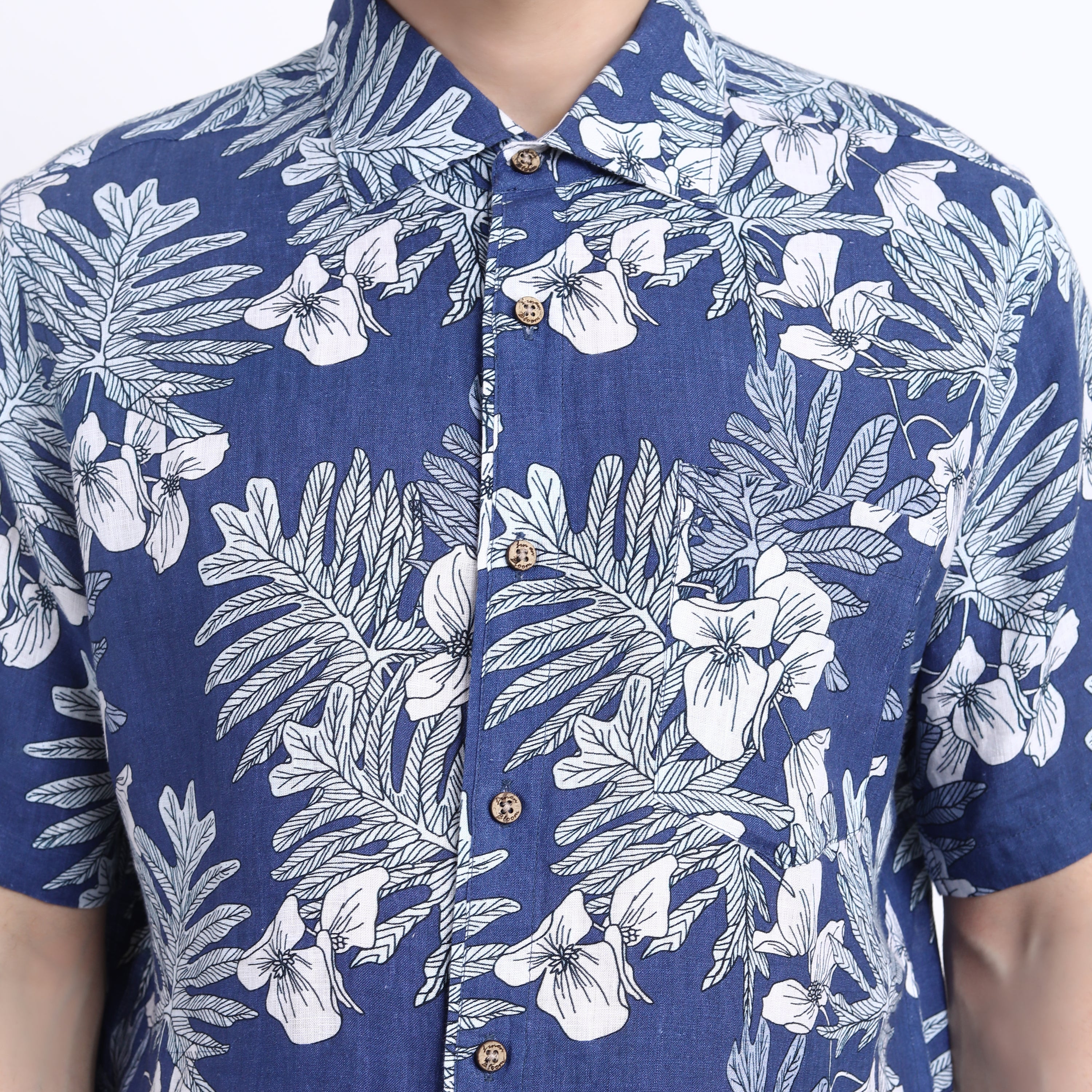 Royal Leaf Print Linen Half Sleeve Shirt