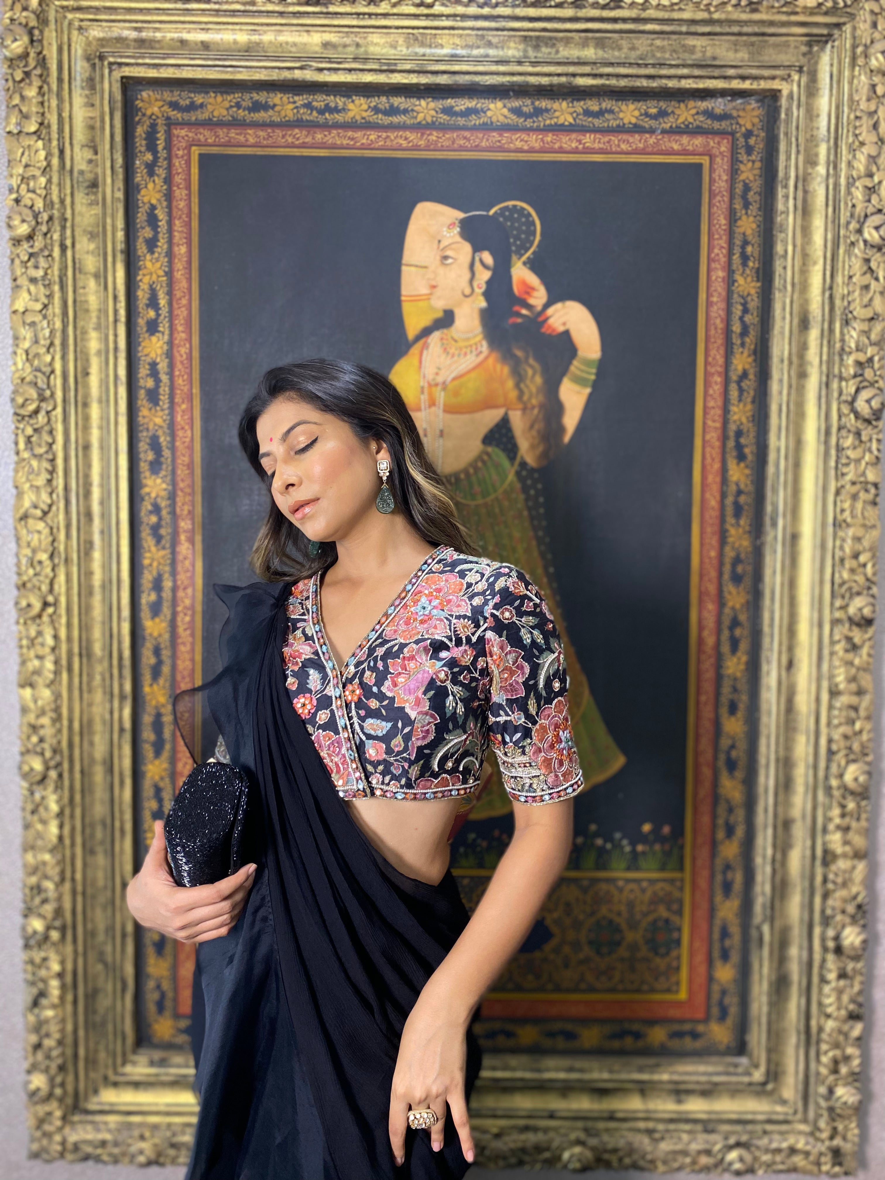 Black Chiffon & Organza Draped Ruffle Saree Set