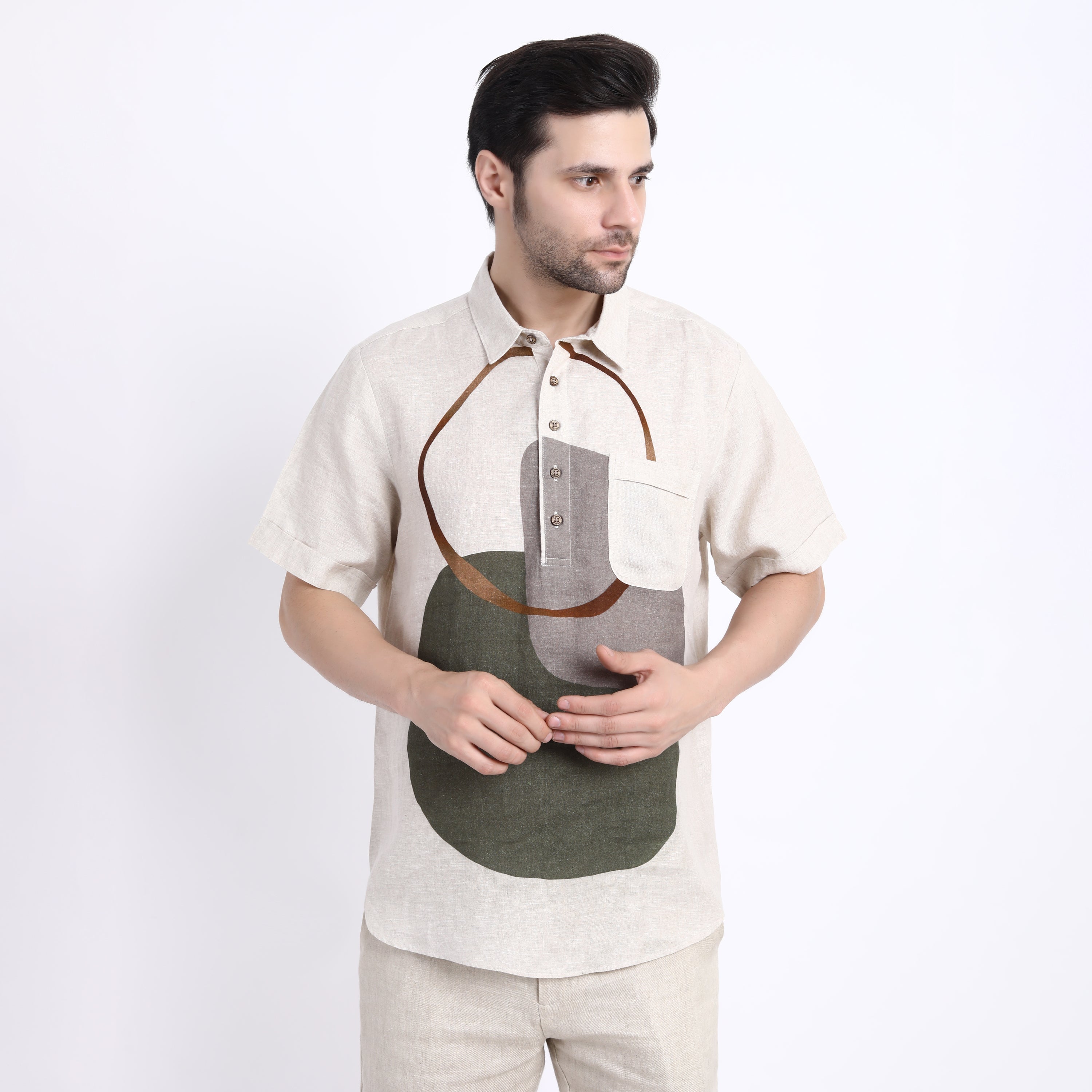 Beige Placement Print Half Sleeve Shirt