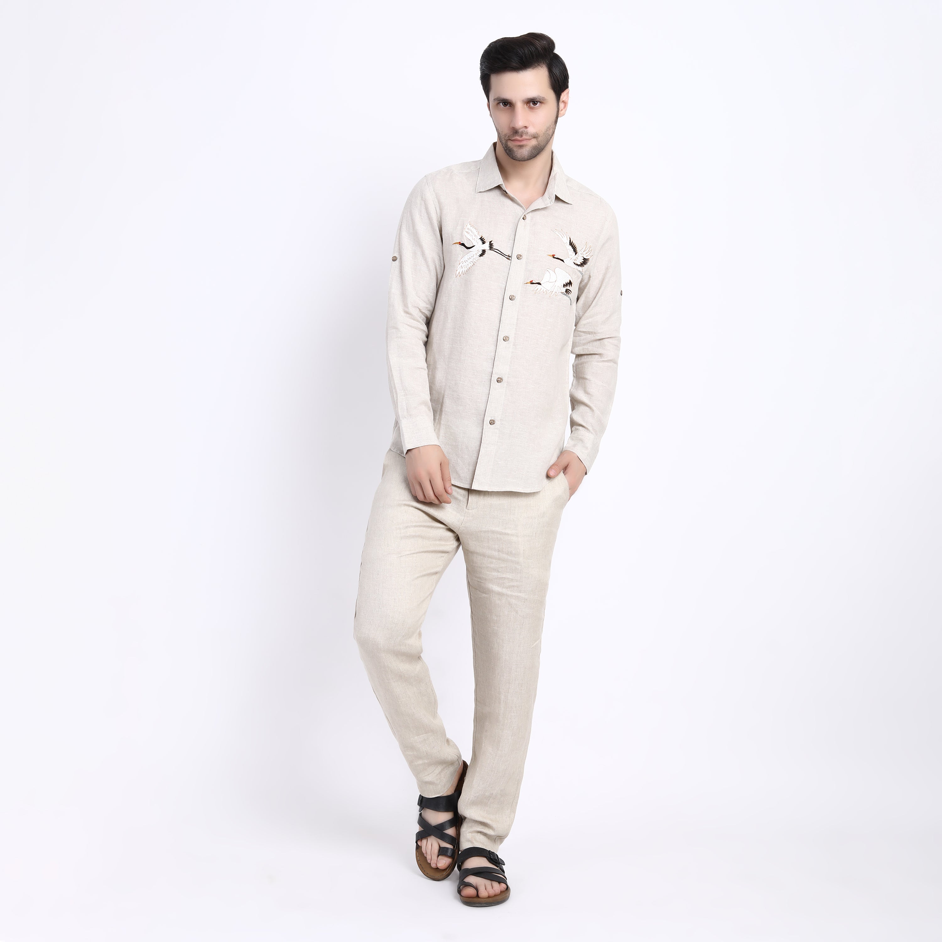 Beige Flying Crane Embroidered Shirt
