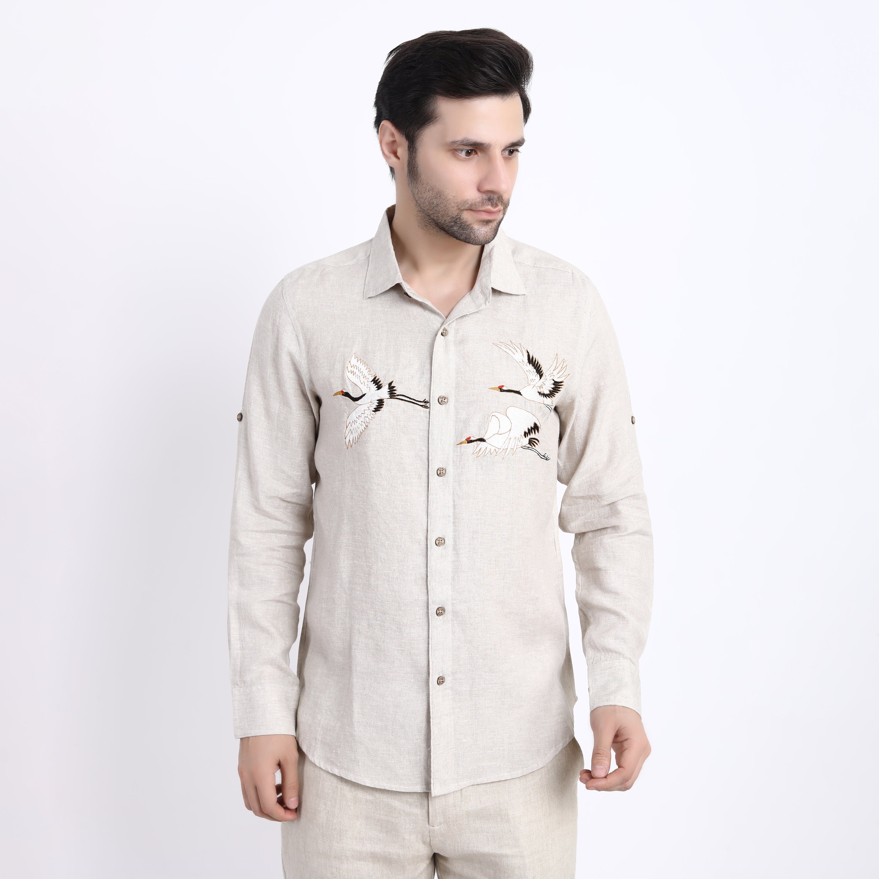 Beige Flying Crane Embroidered Shirt