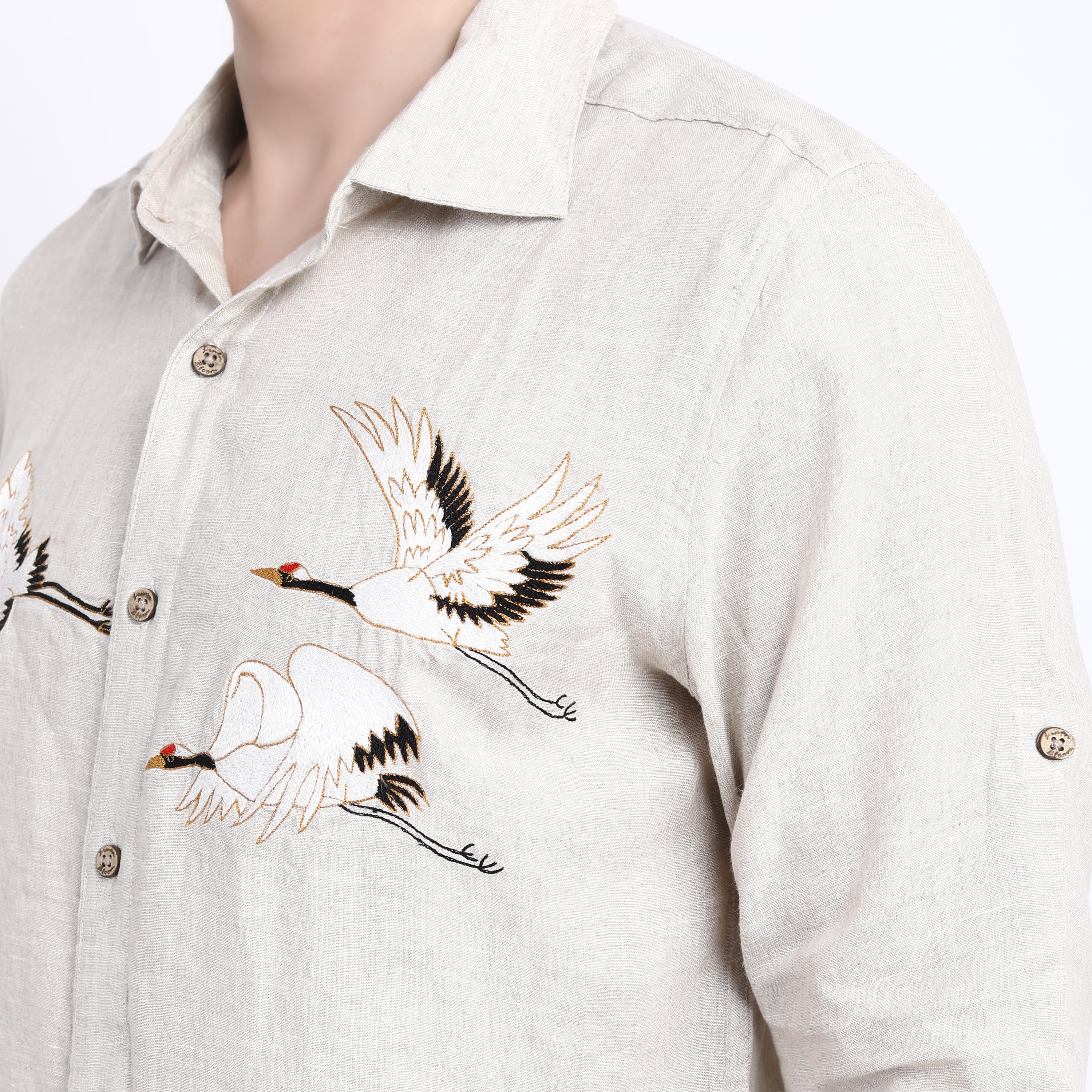 Beige Flying Crane Embroidered Shirt