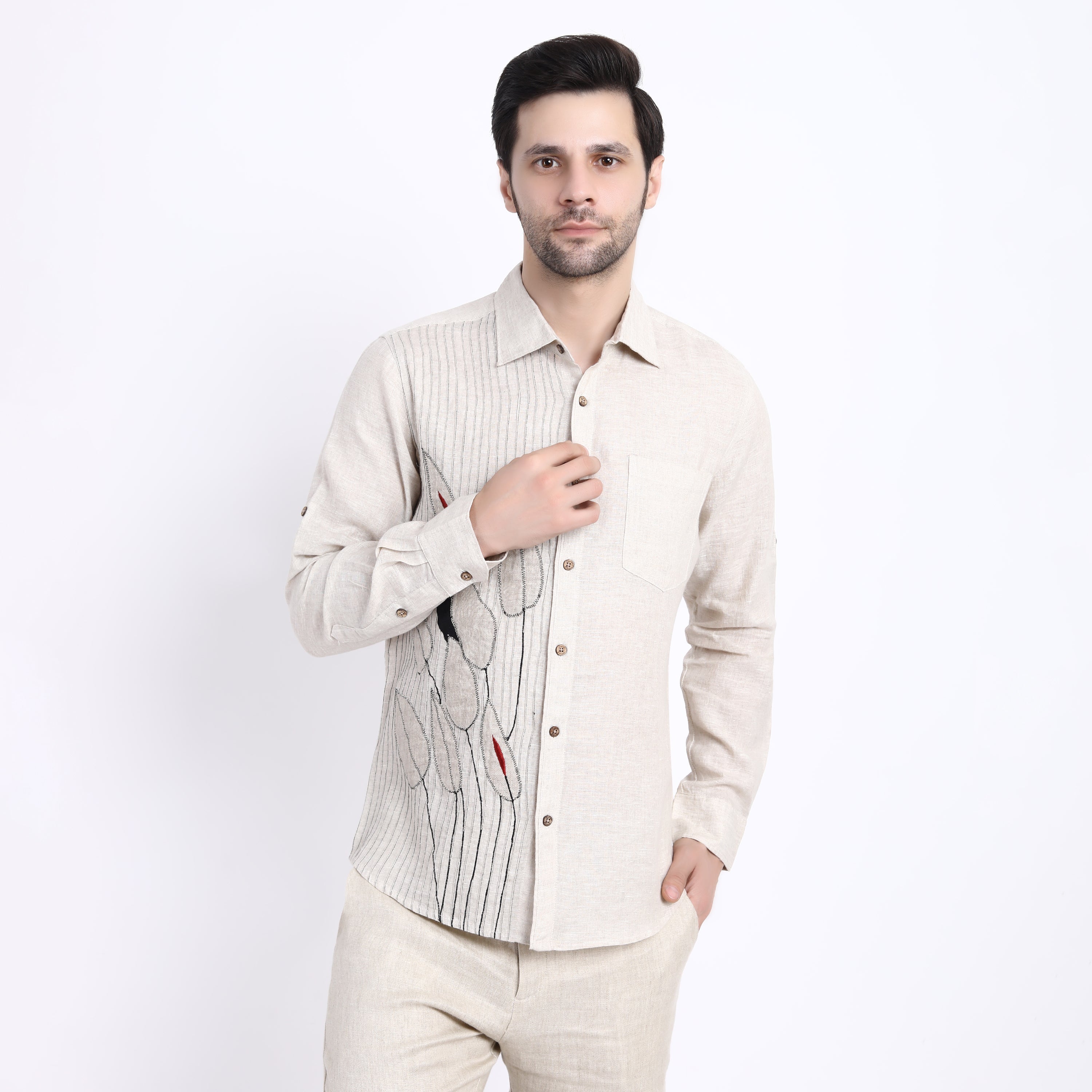 Beige Pleated Linen Shirt with Leaf Embroidery
