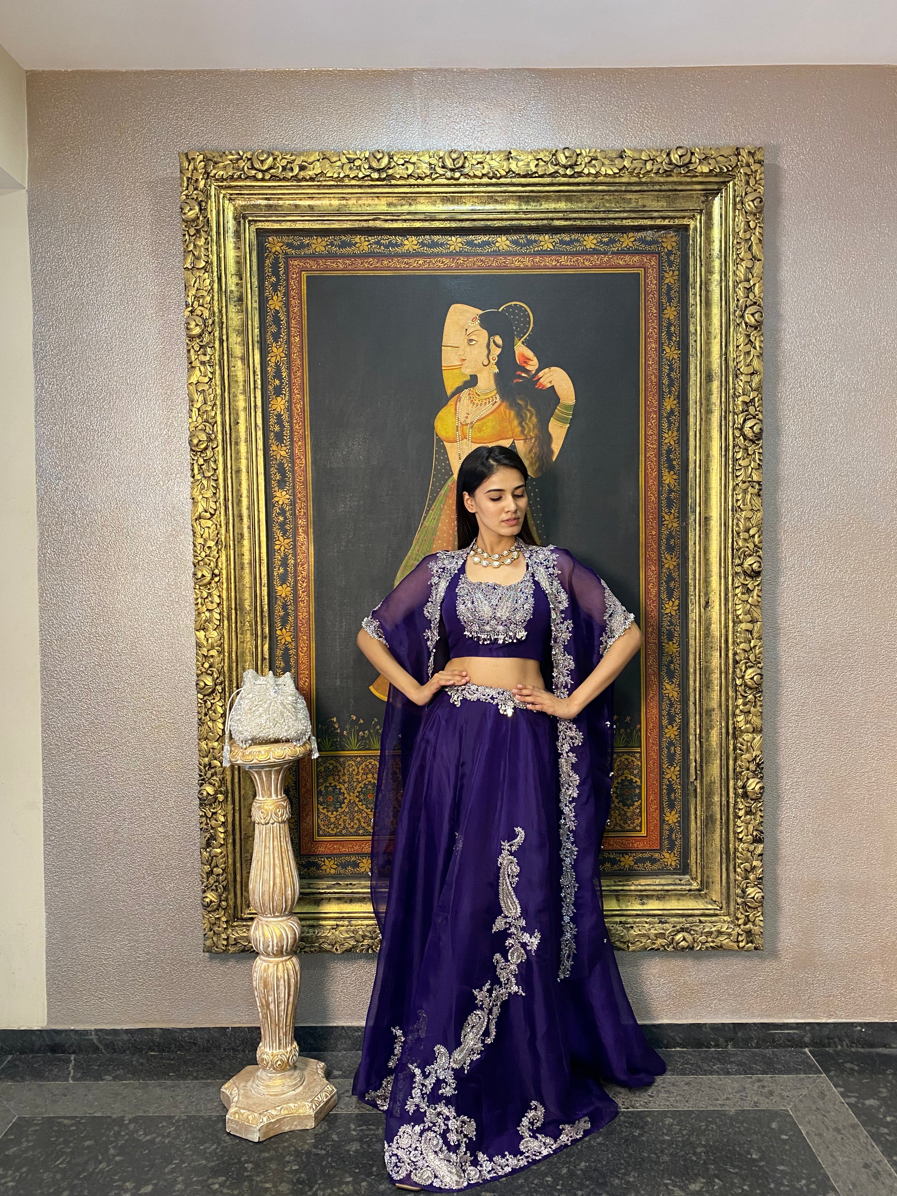 Purple Sequins Cape Skirt Set