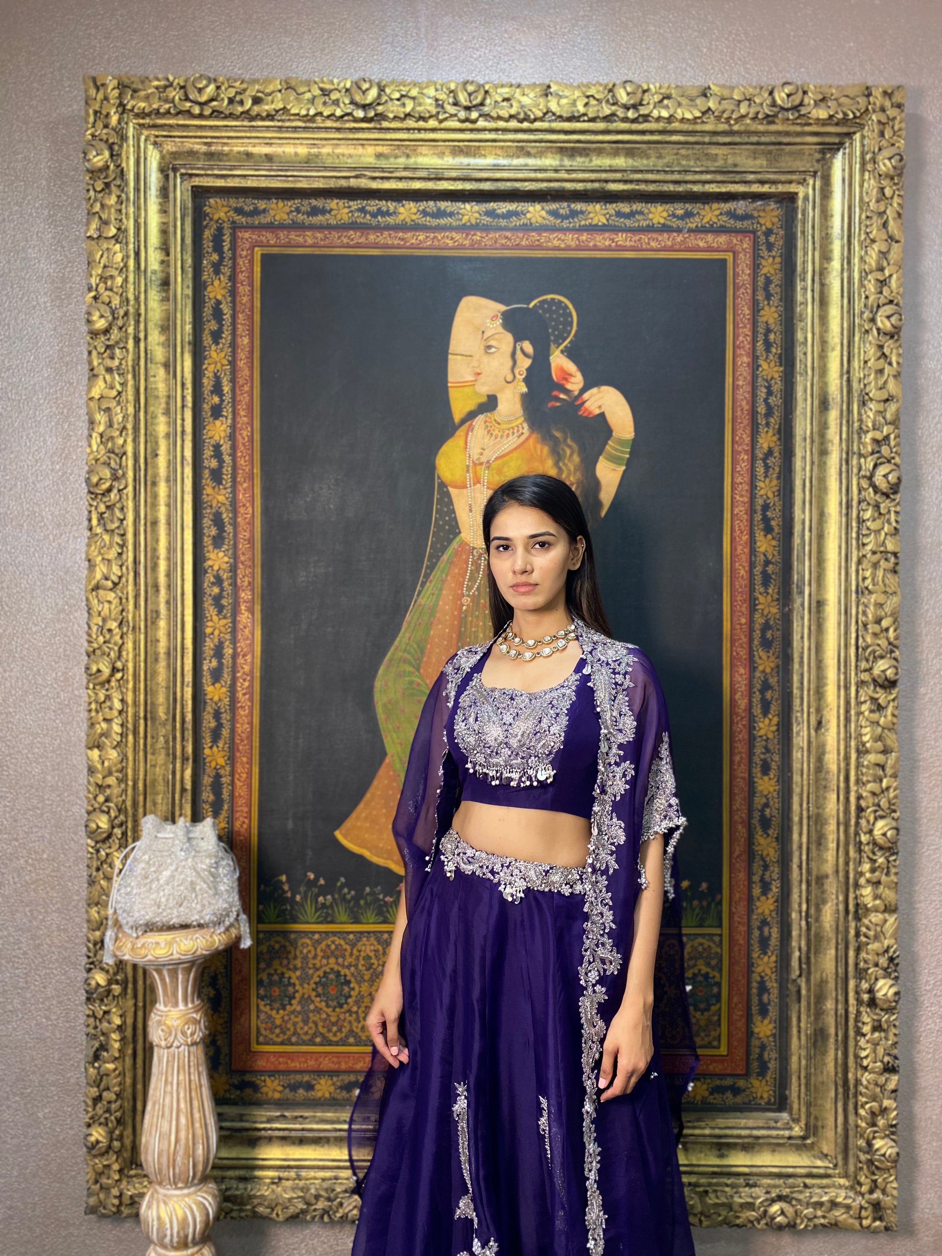 Purple Sequins Cape Skirt Set