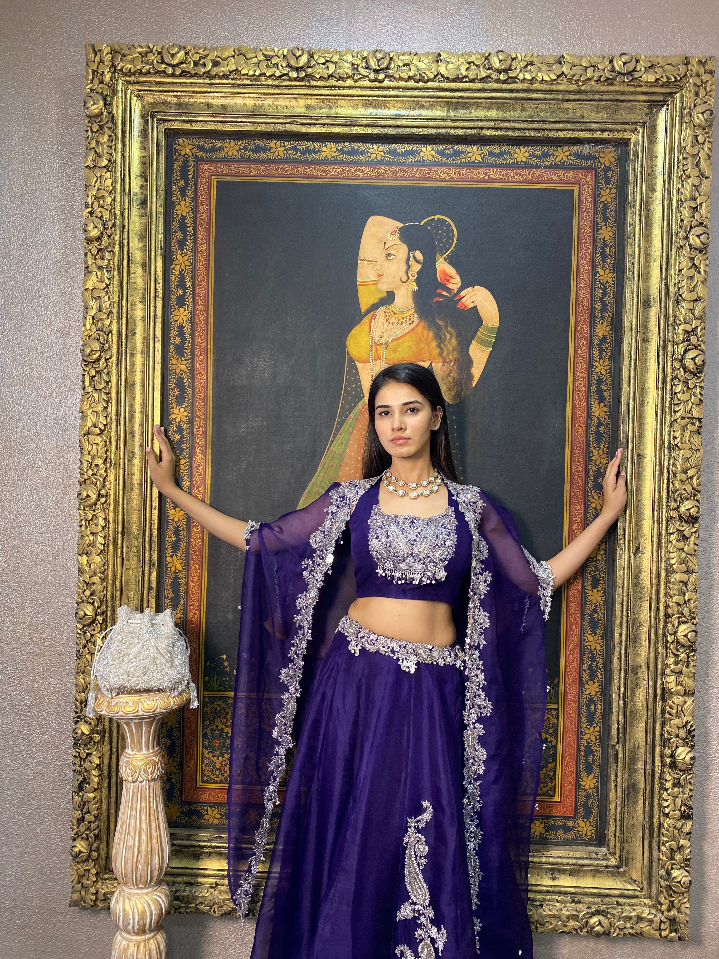 Purple Sequins Cape Skirt Set