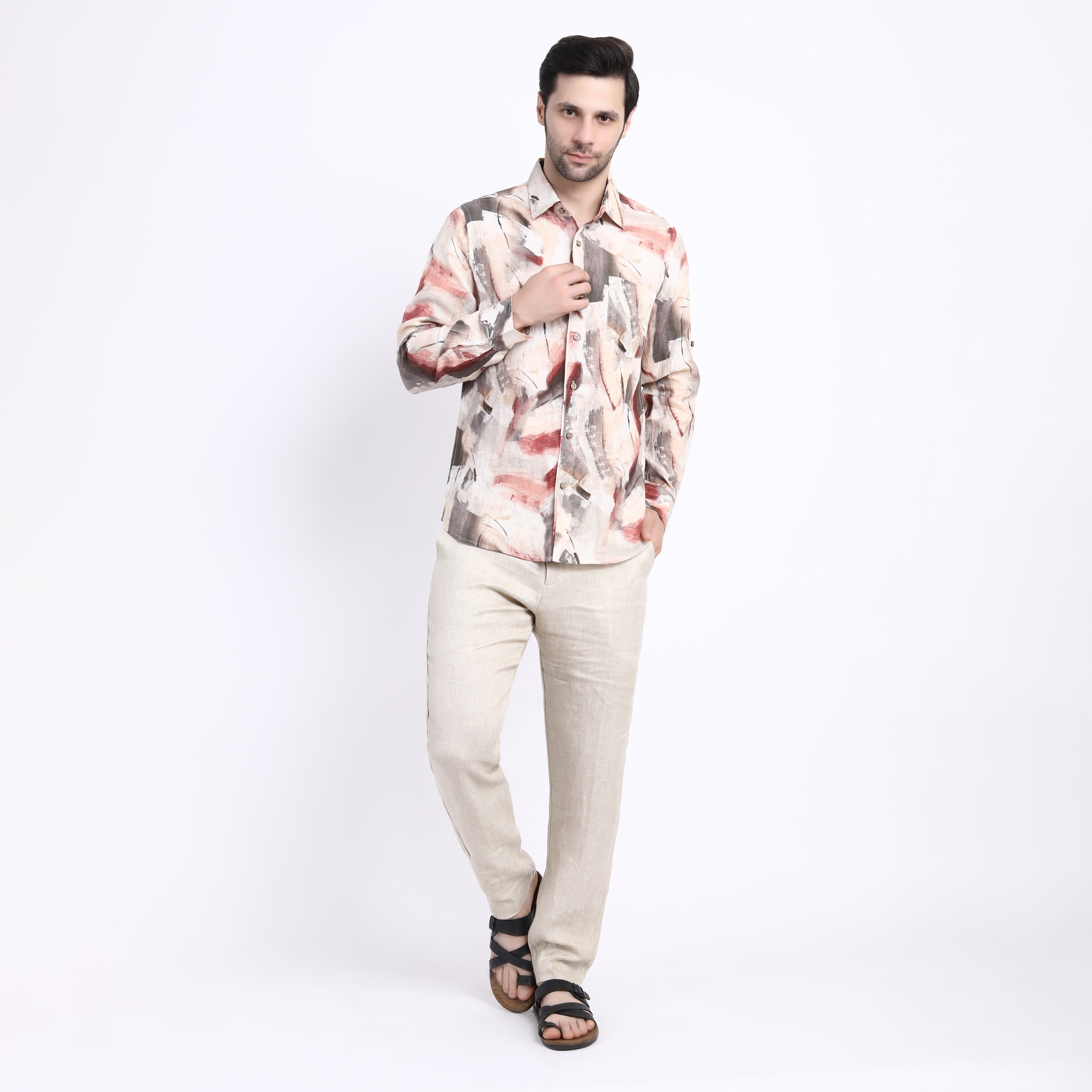 Pink Brush Print Linen Shirt
