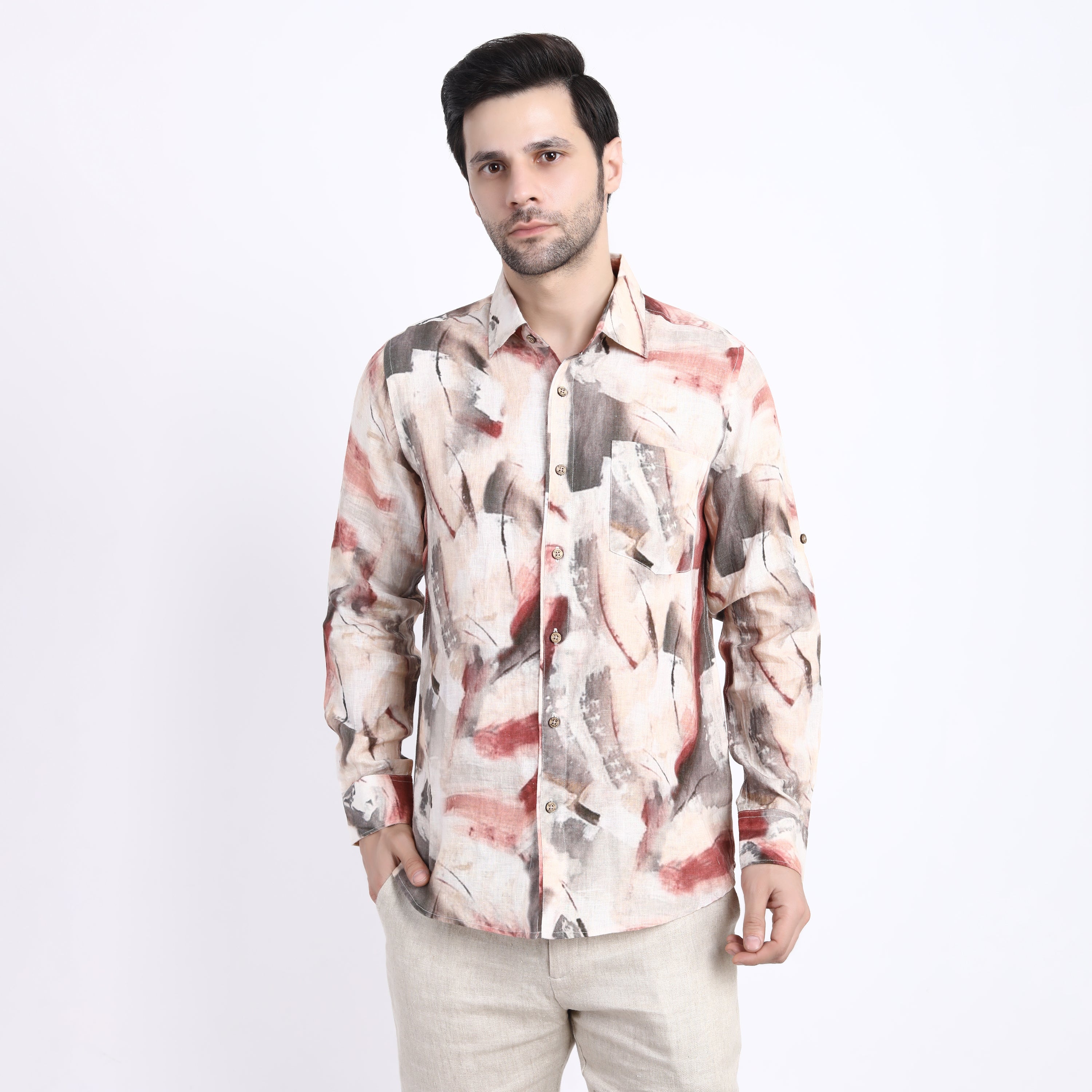 Pink Brush Print Linen Shirt