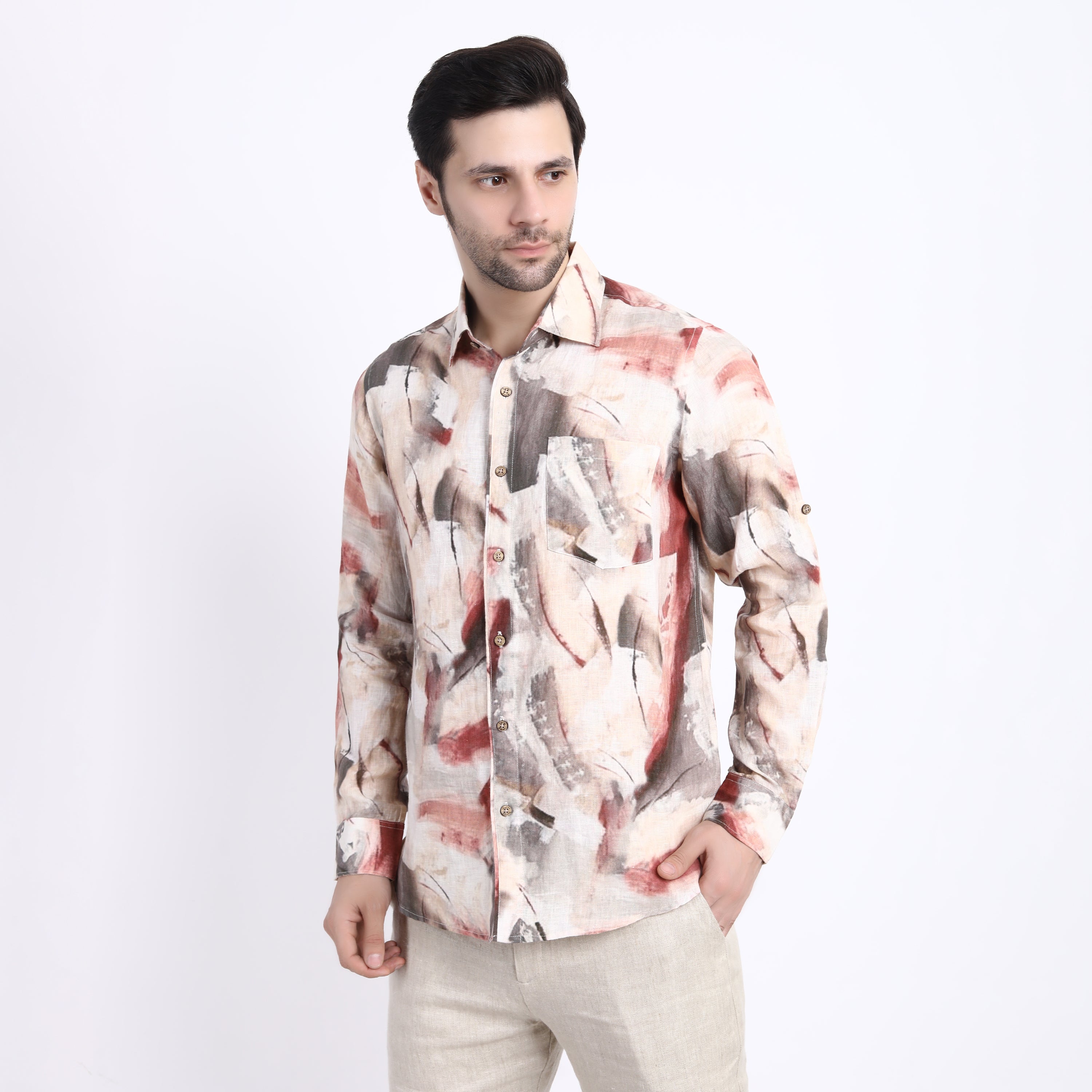 Pink Brush Print Linen Shirt