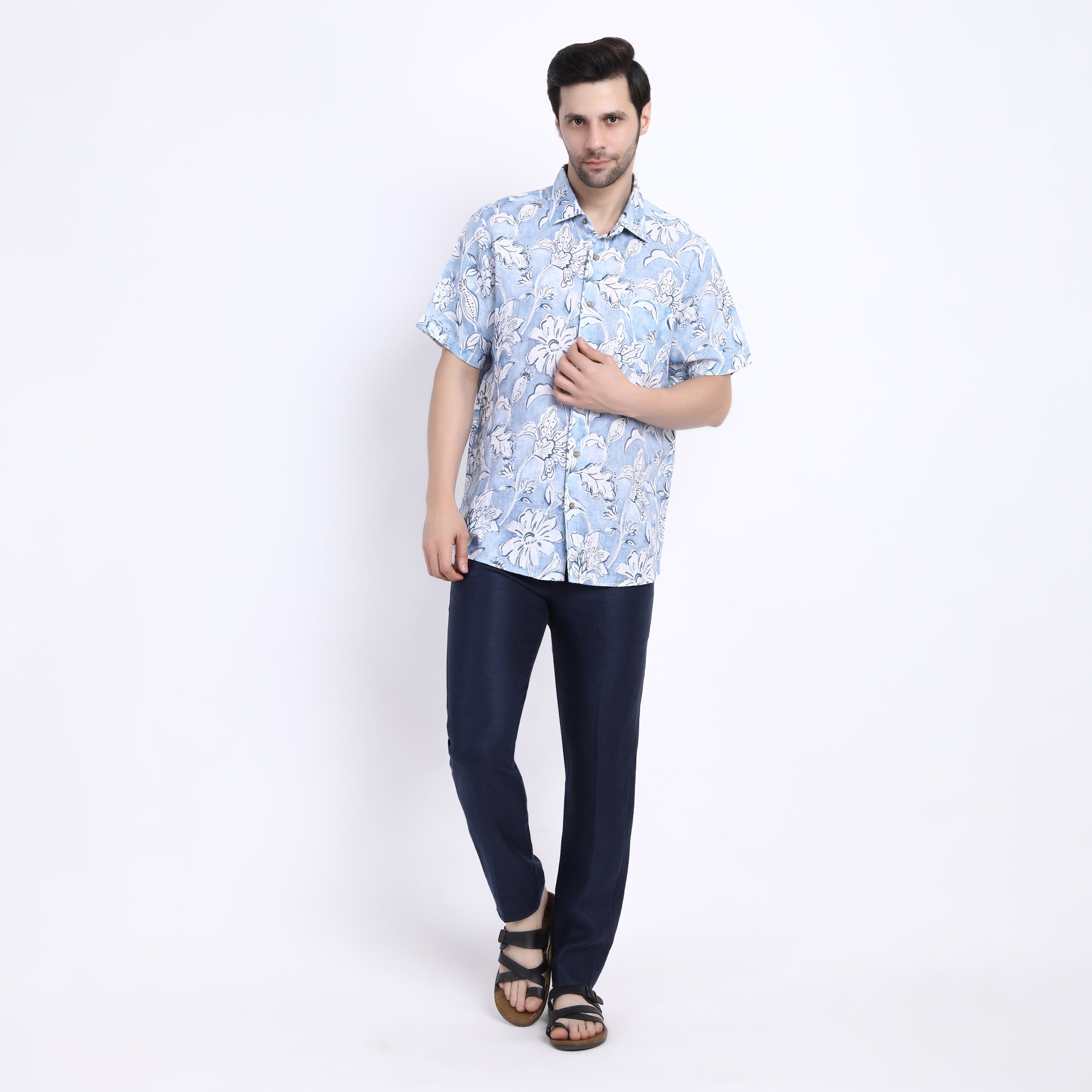 Blue Flower Print Linen Half Sleeve Shirt