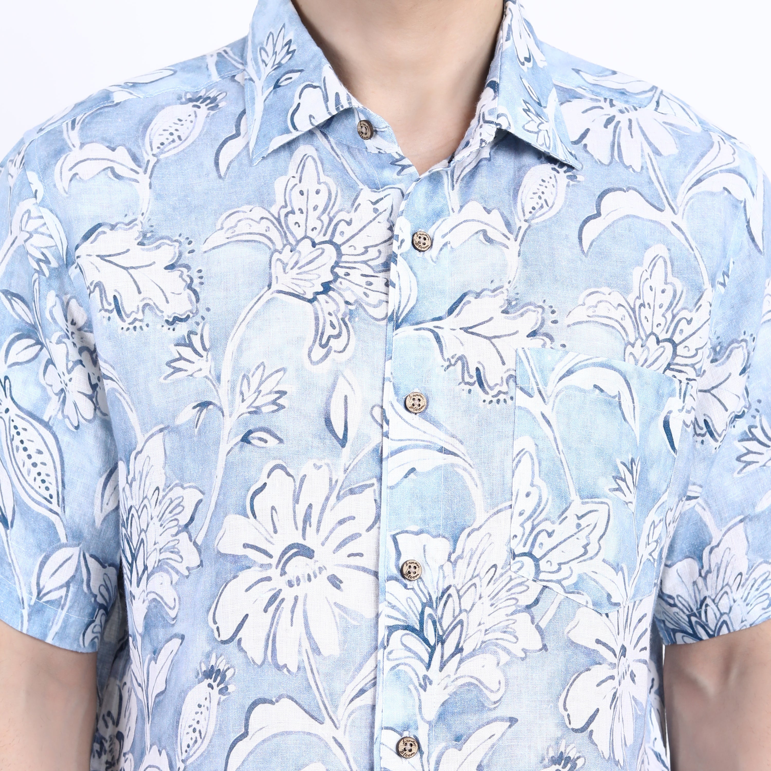 Blue Flower Print Linen Half Sleeve Shirt