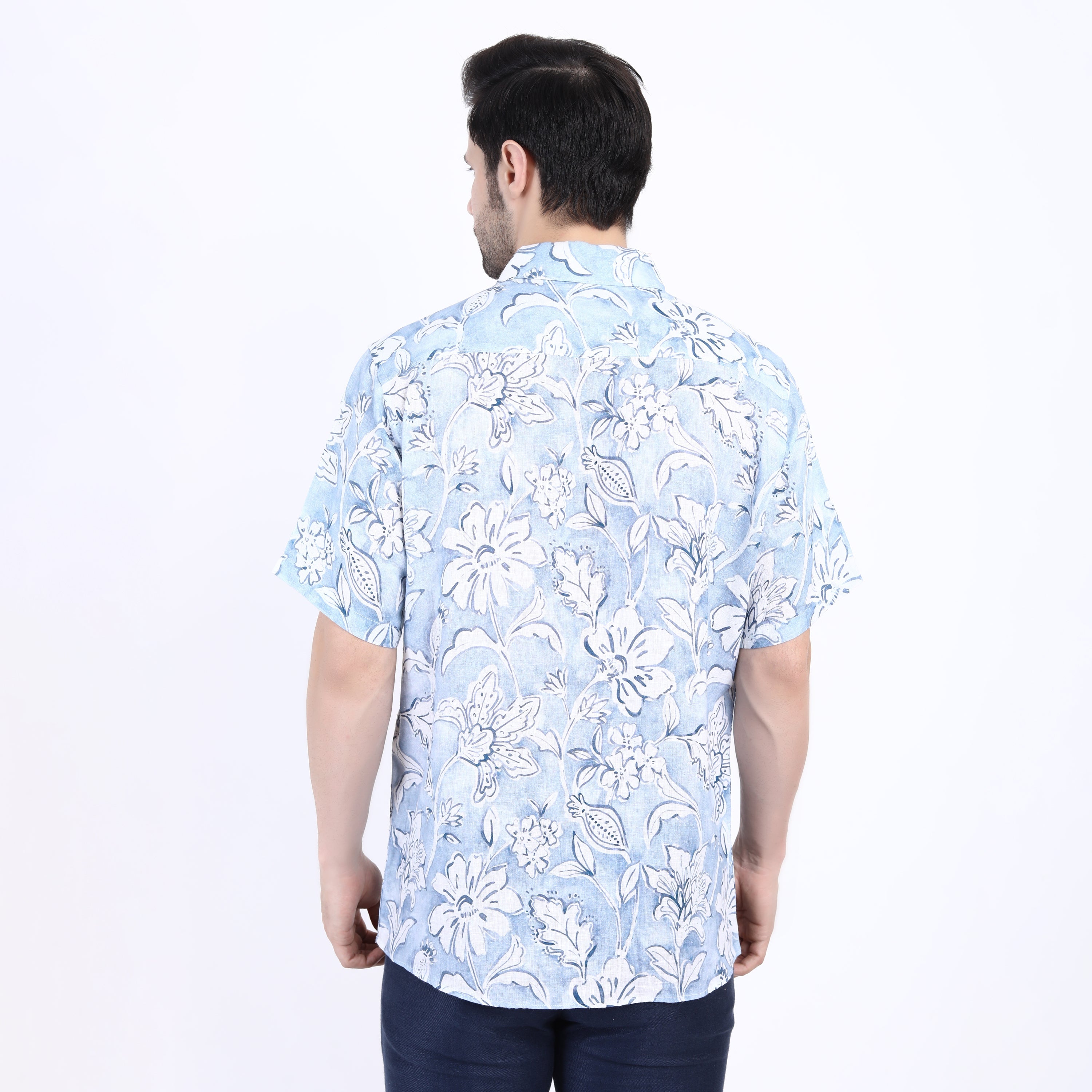 Blue Flower Print Linen Half Sleeve Shirt