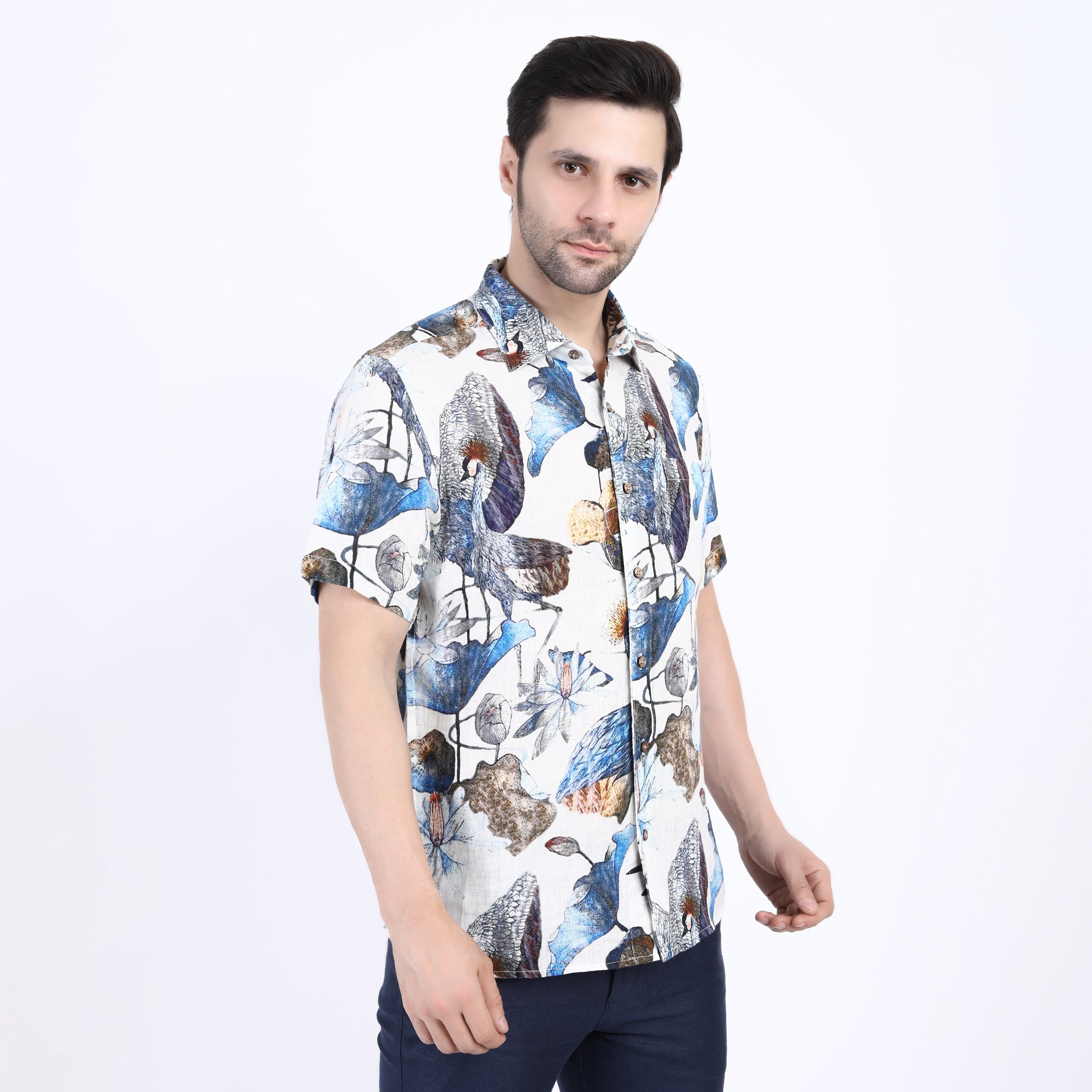 Lotus Bird Linen Half Sleeve Shirt