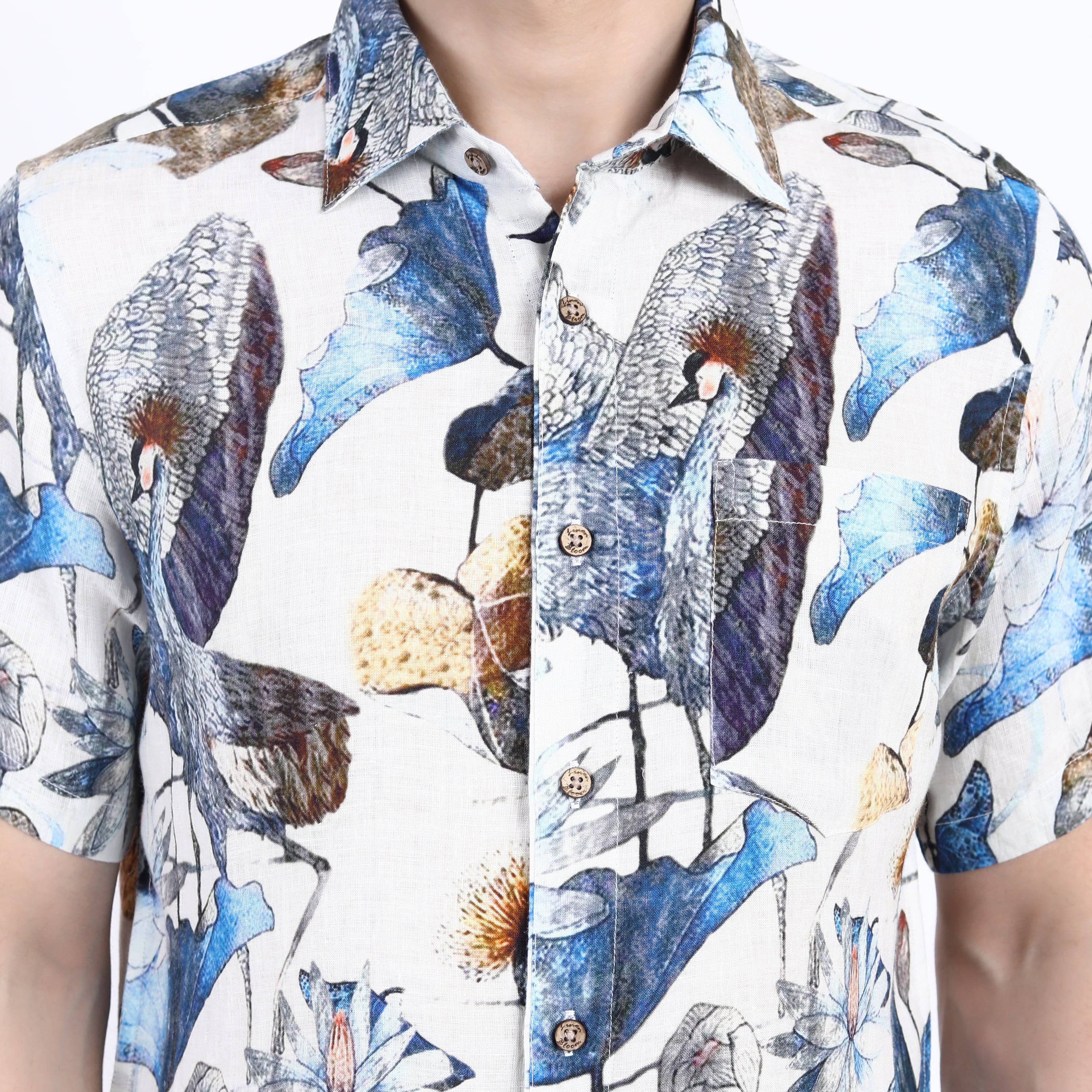 Lotus Bird Linen Half Sleeve Shirt