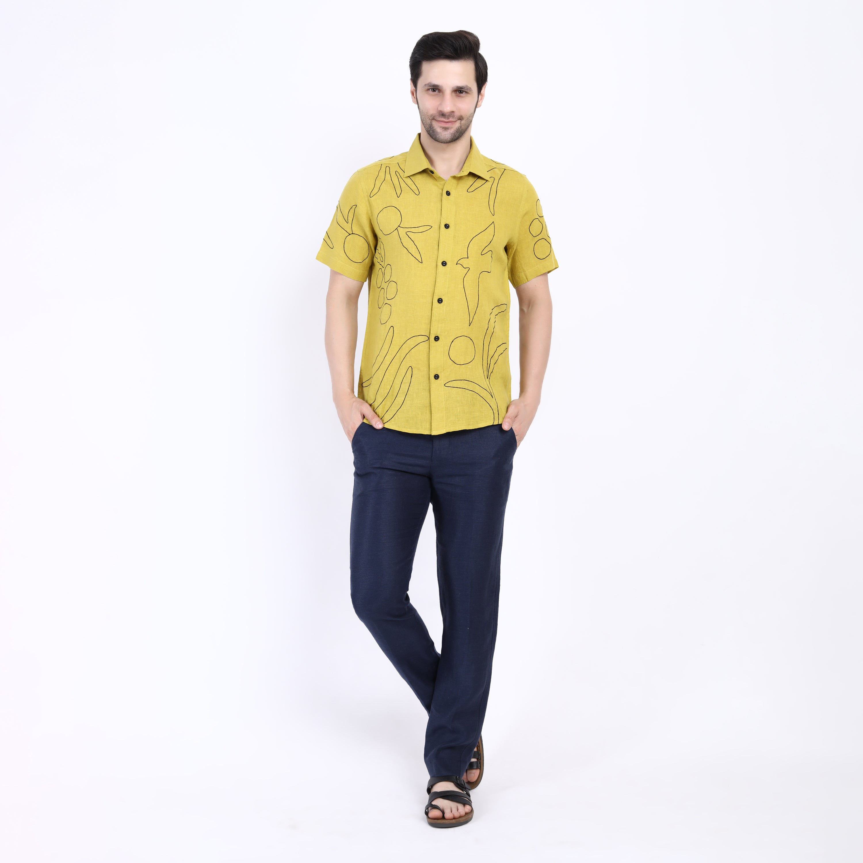 Lime Outline Embroidered Linen Half Sleeve Shirt
