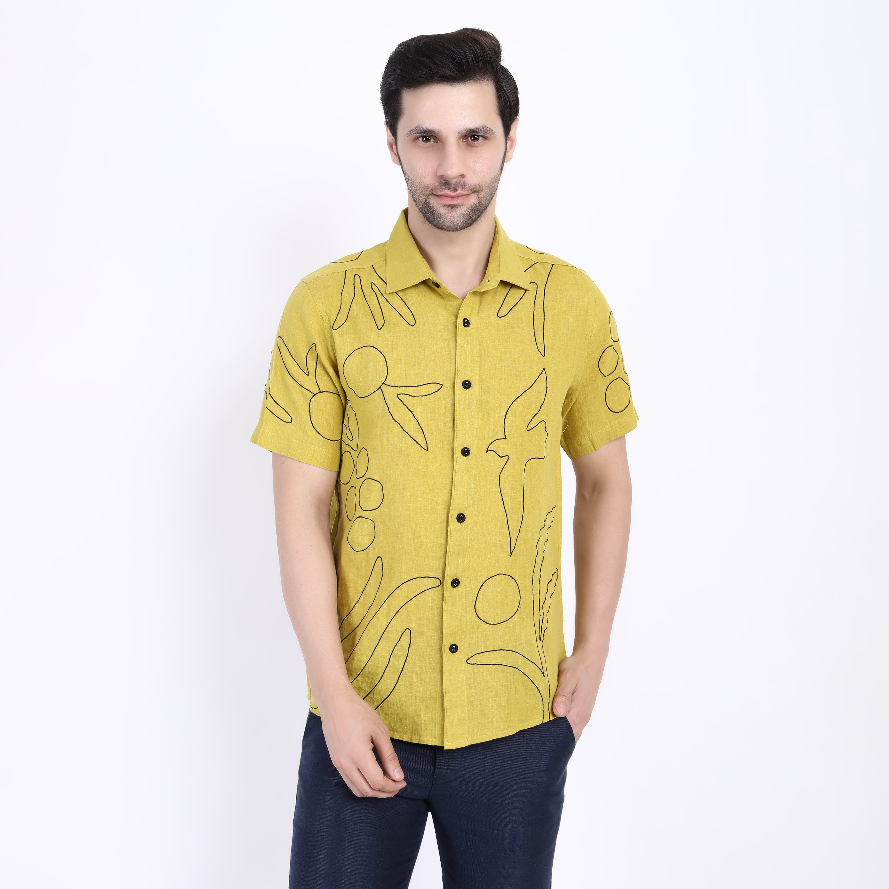 Lime Outline Embroidered Linen Half Sleeve Shirt