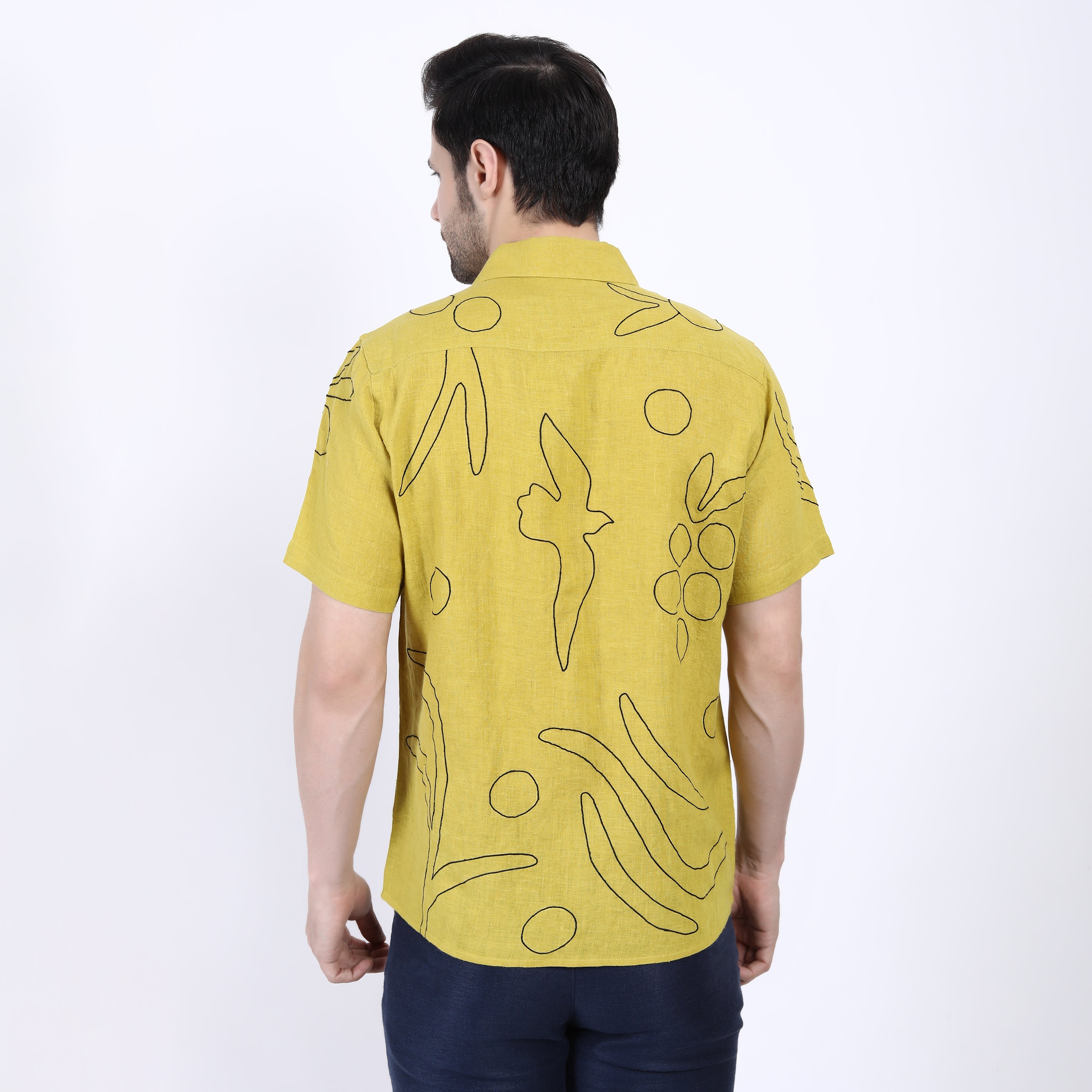 Lime Outline Embroidered Linen Half Sleeve Shirt