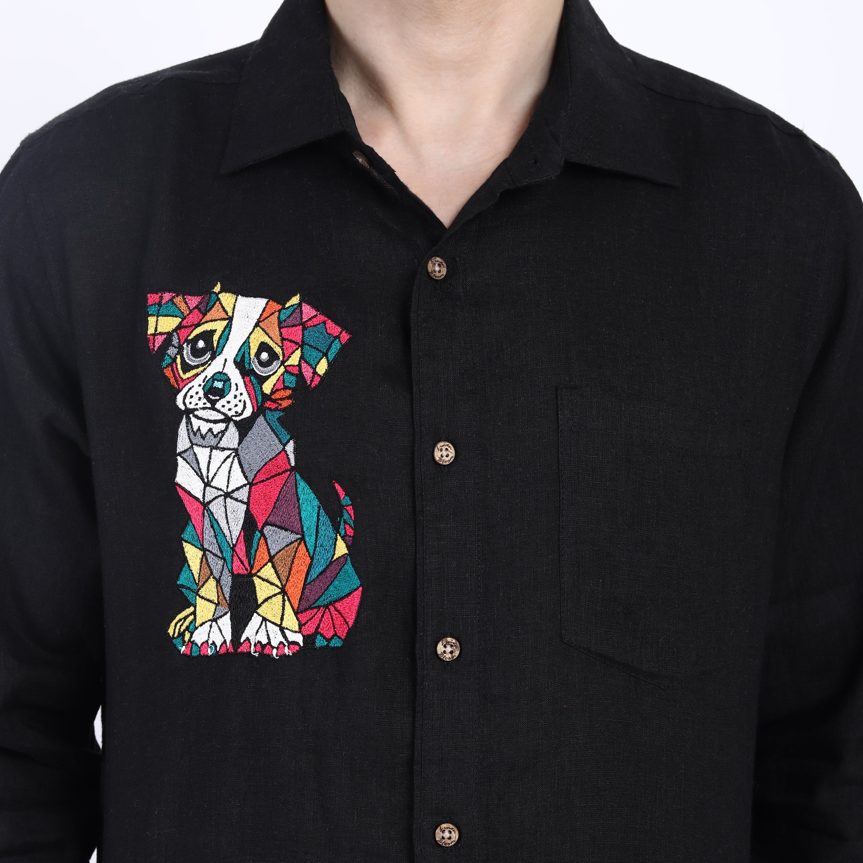 Black Travel Teddy Embroidered Linen Shirt
