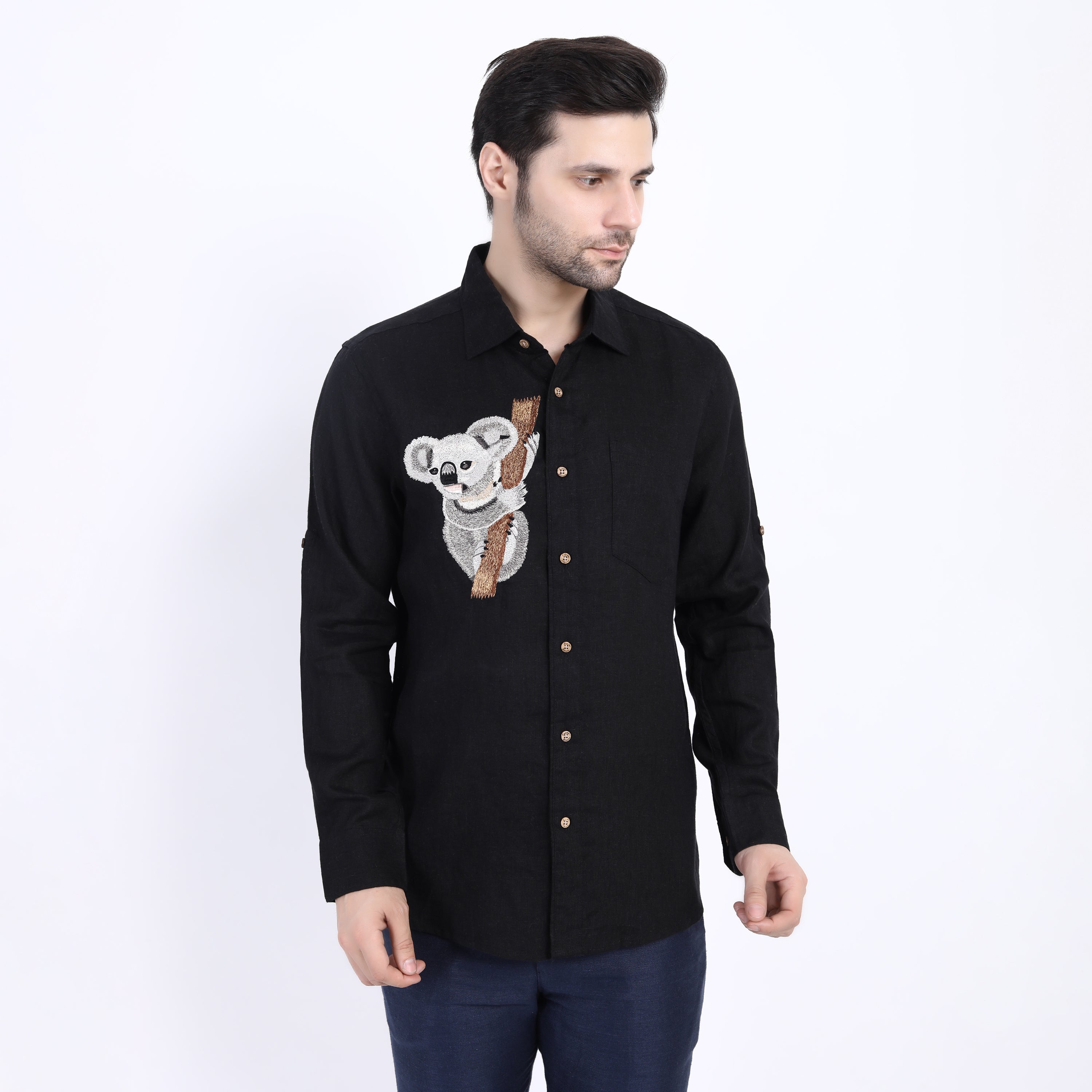 Black Koala Bear Embroidered Linen Shirt