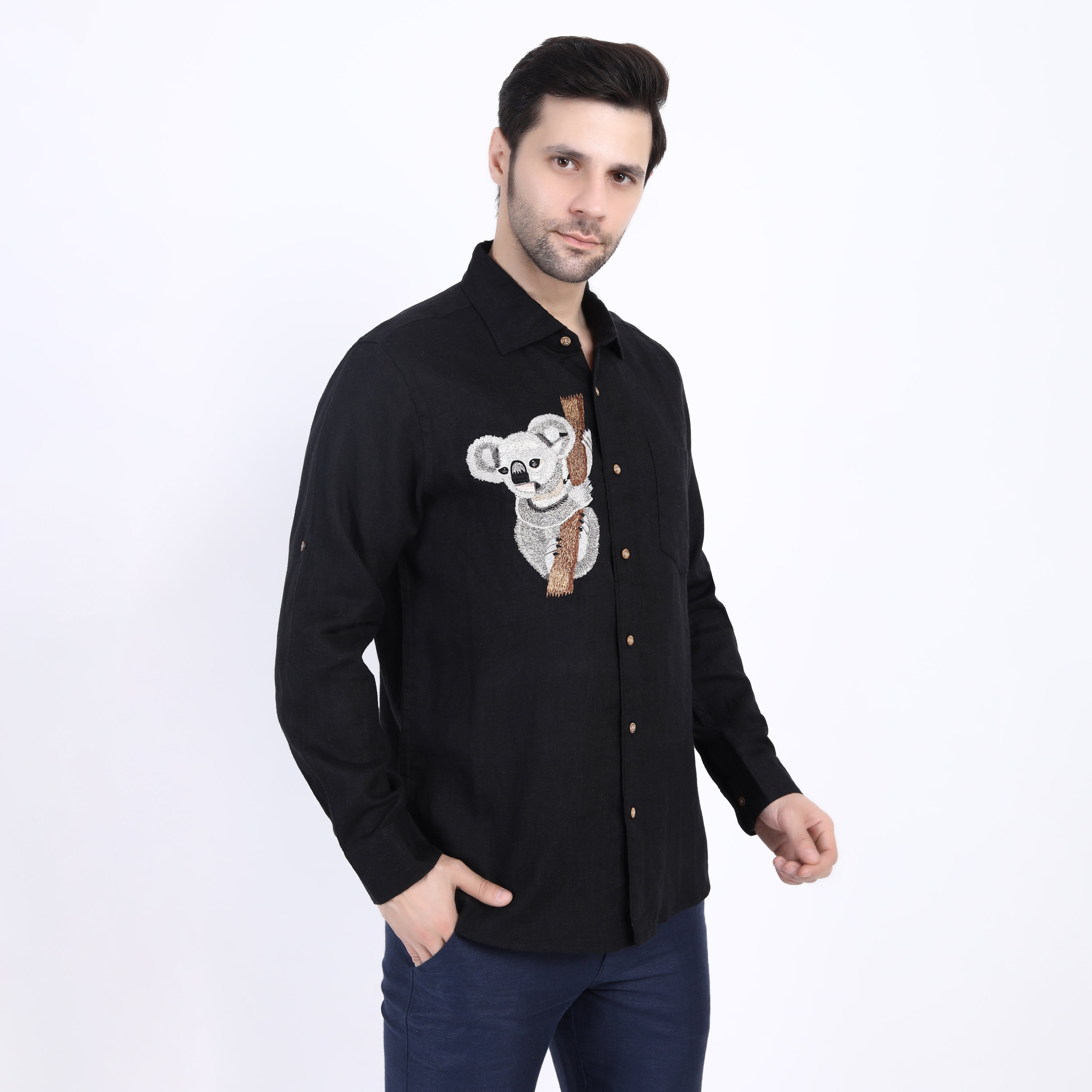 Black Koala Bear Embroidered Linen Shirt