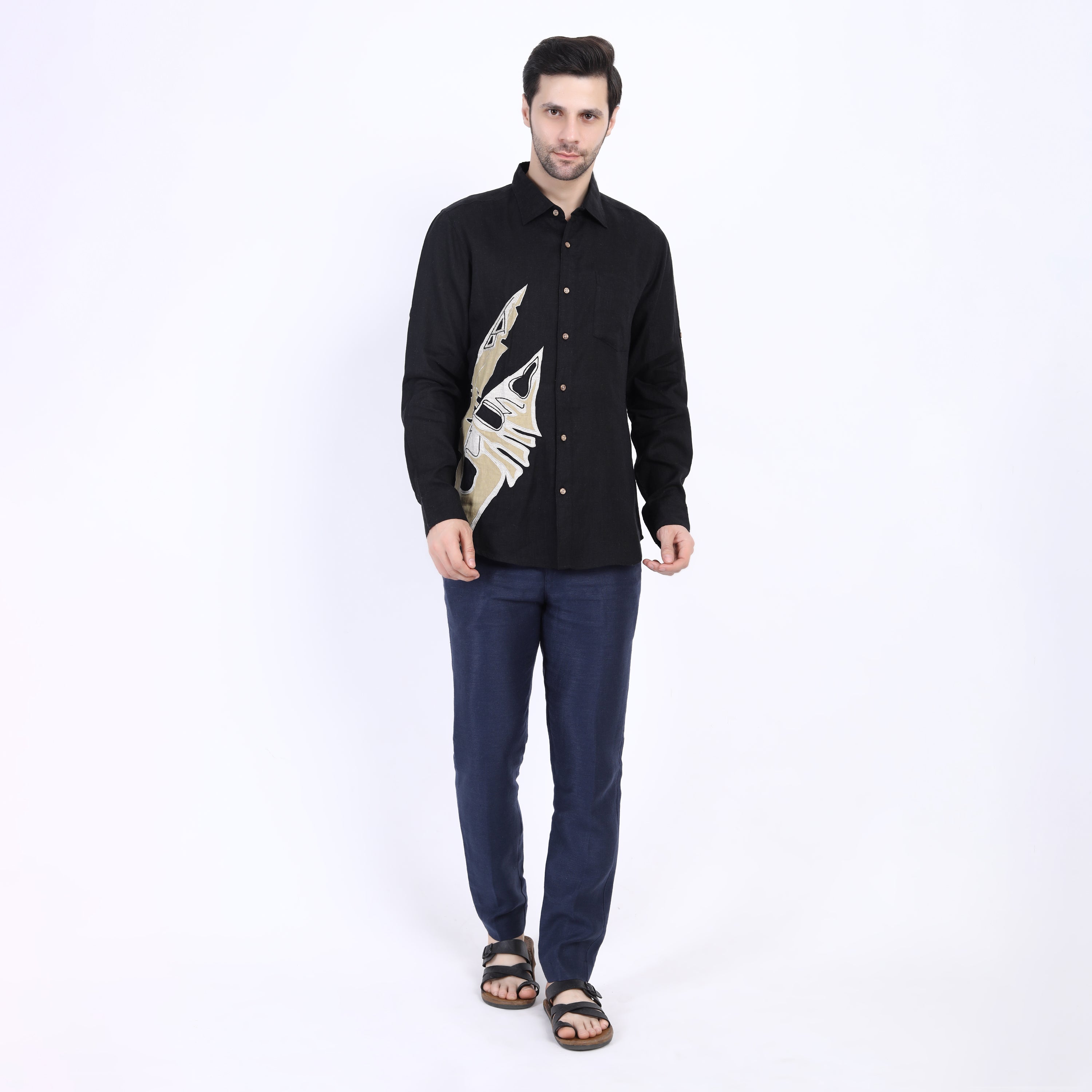 Black Palm Leaf Embroidered Linen Shirt