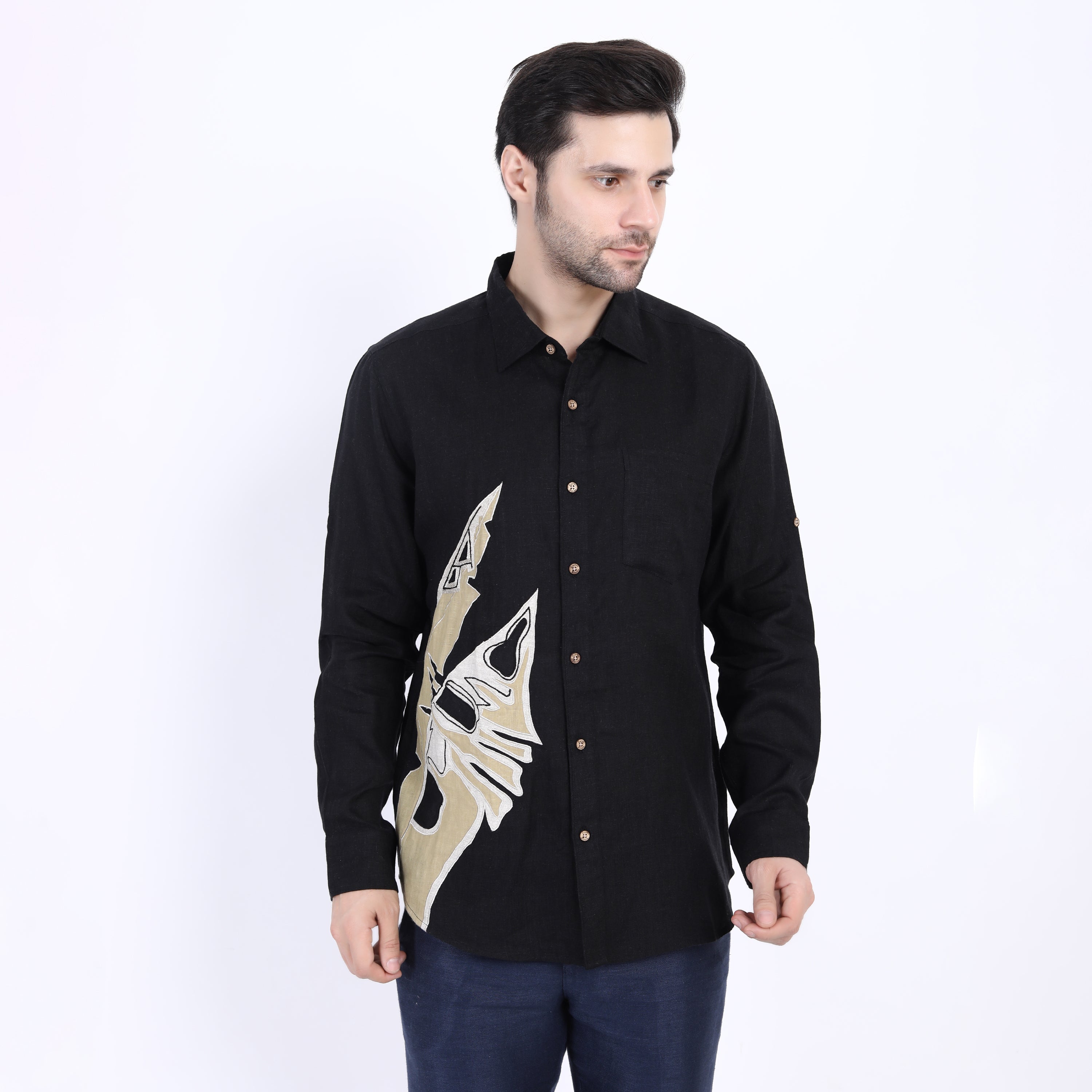 Black Palm Leaf Embroidered Linen Shirt