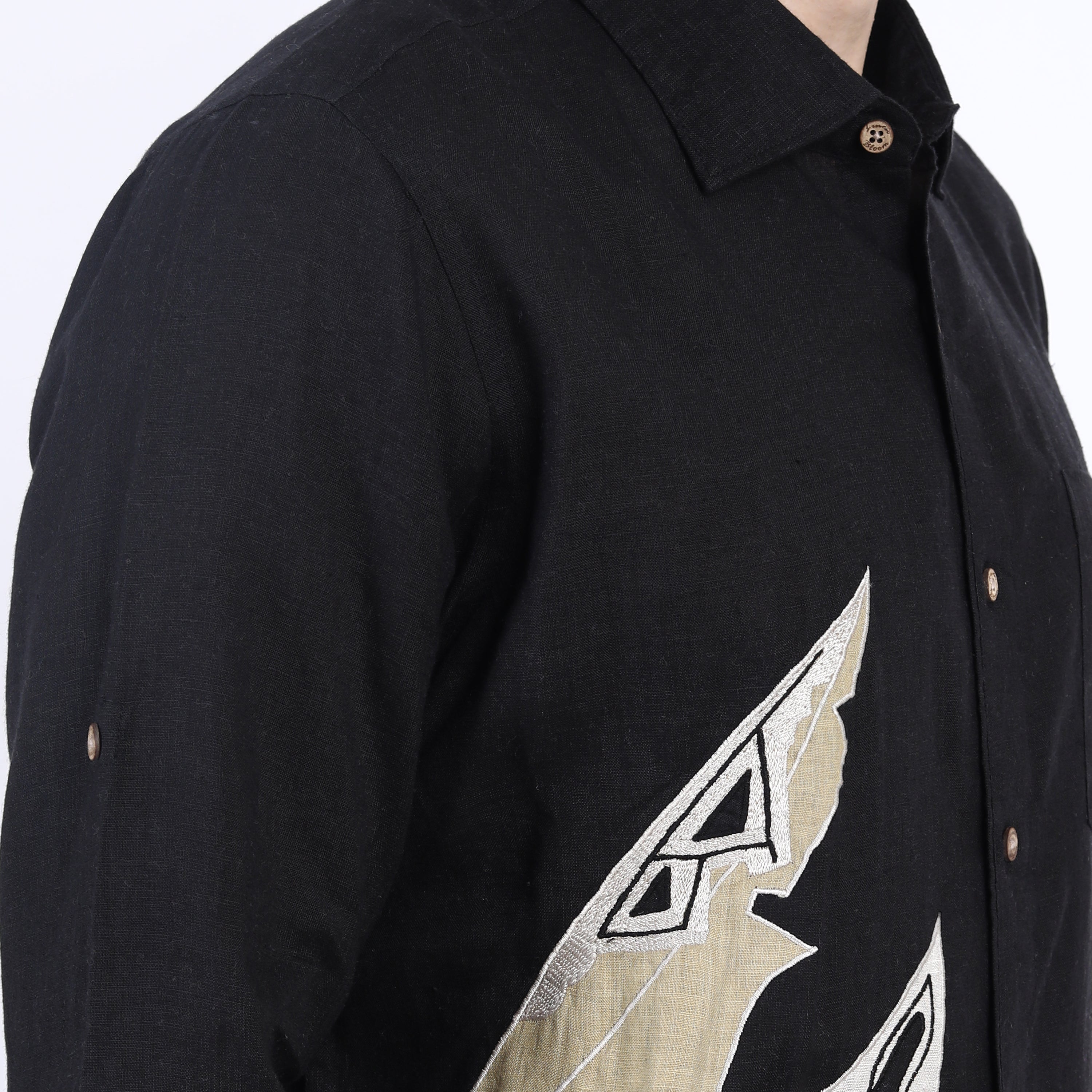 Black Palm Leaf Embroidered Linen Shirt