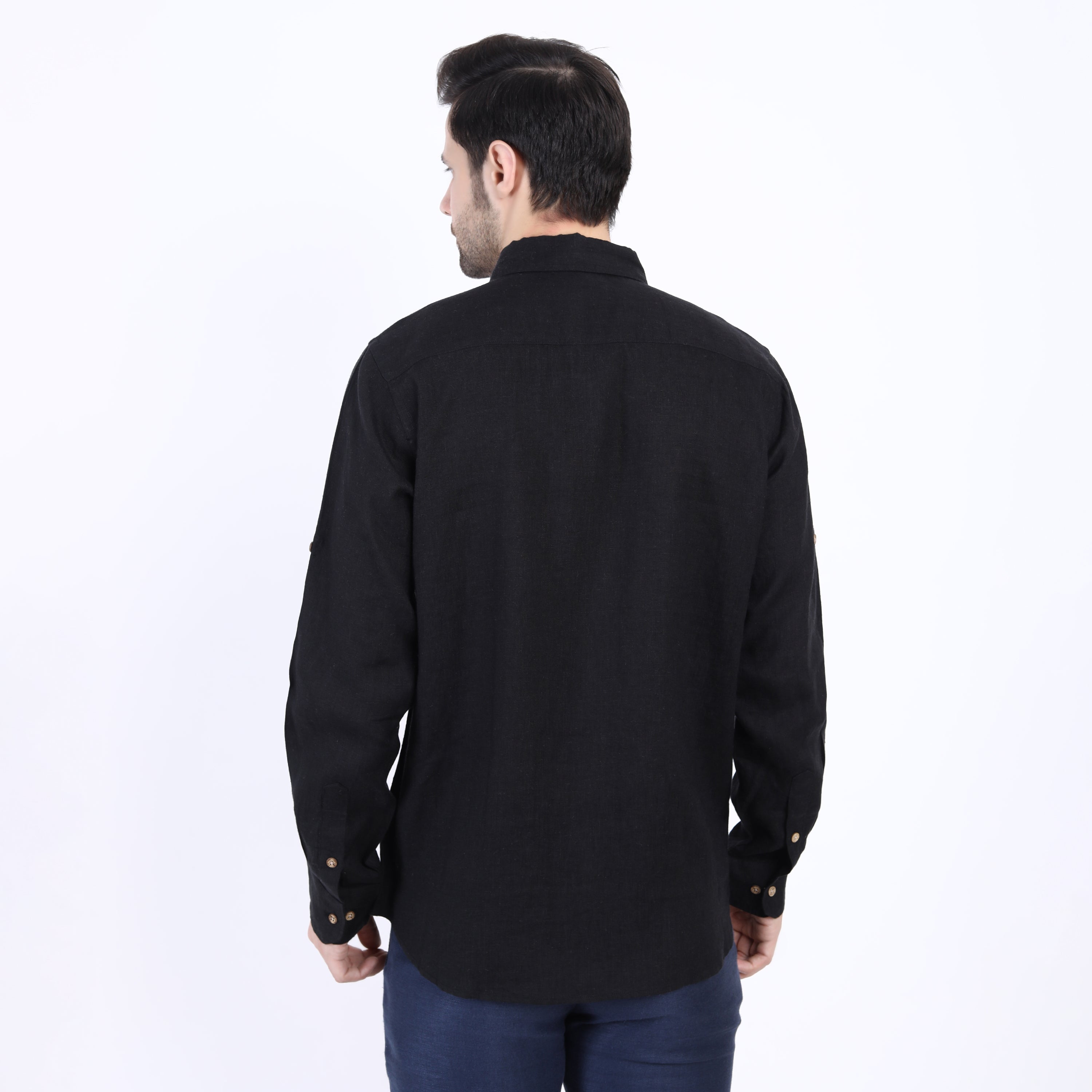 Black Palm Leaf Embroidered Linen Shirt