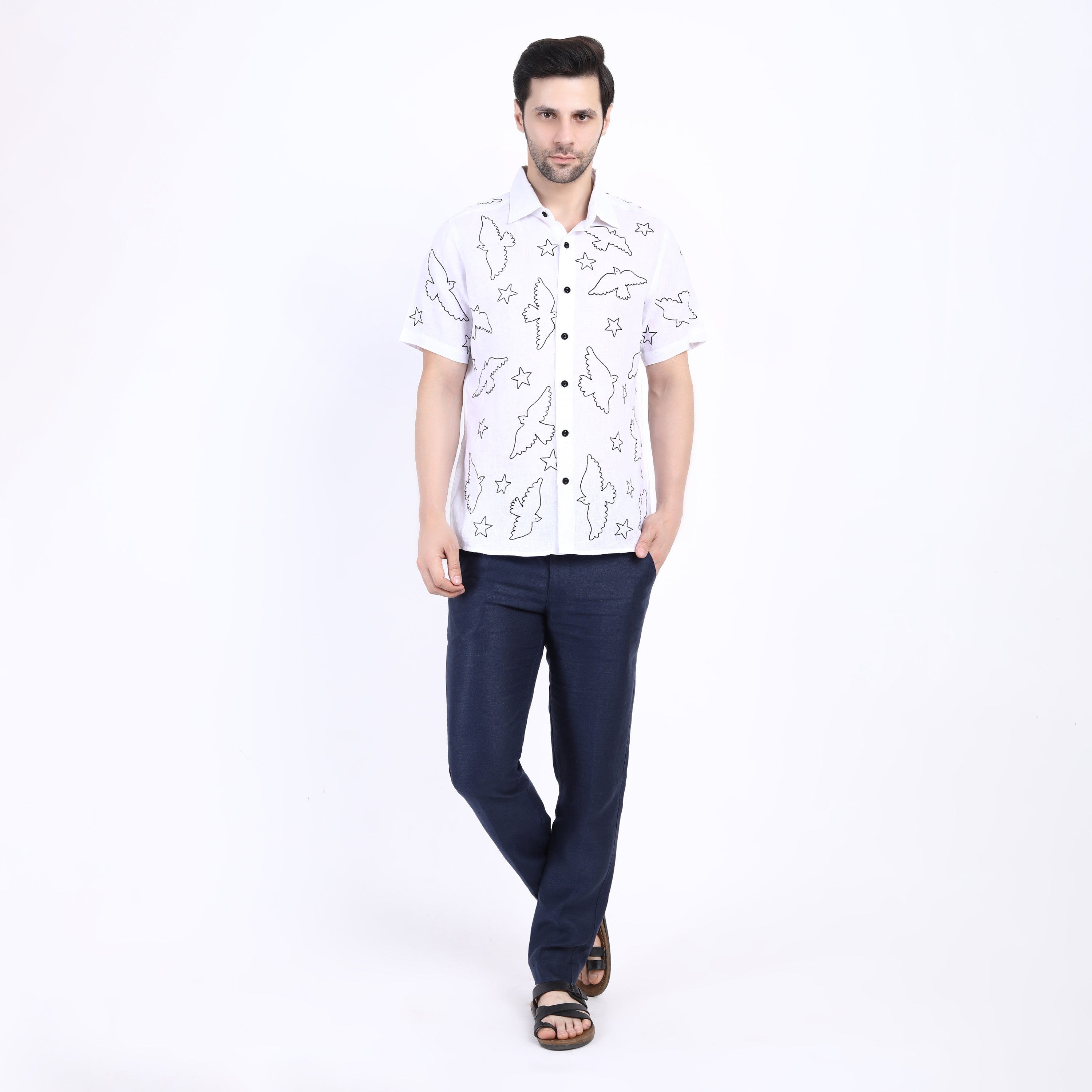 White Bird Outline Embroidered Linen Half Sleeve Shirt