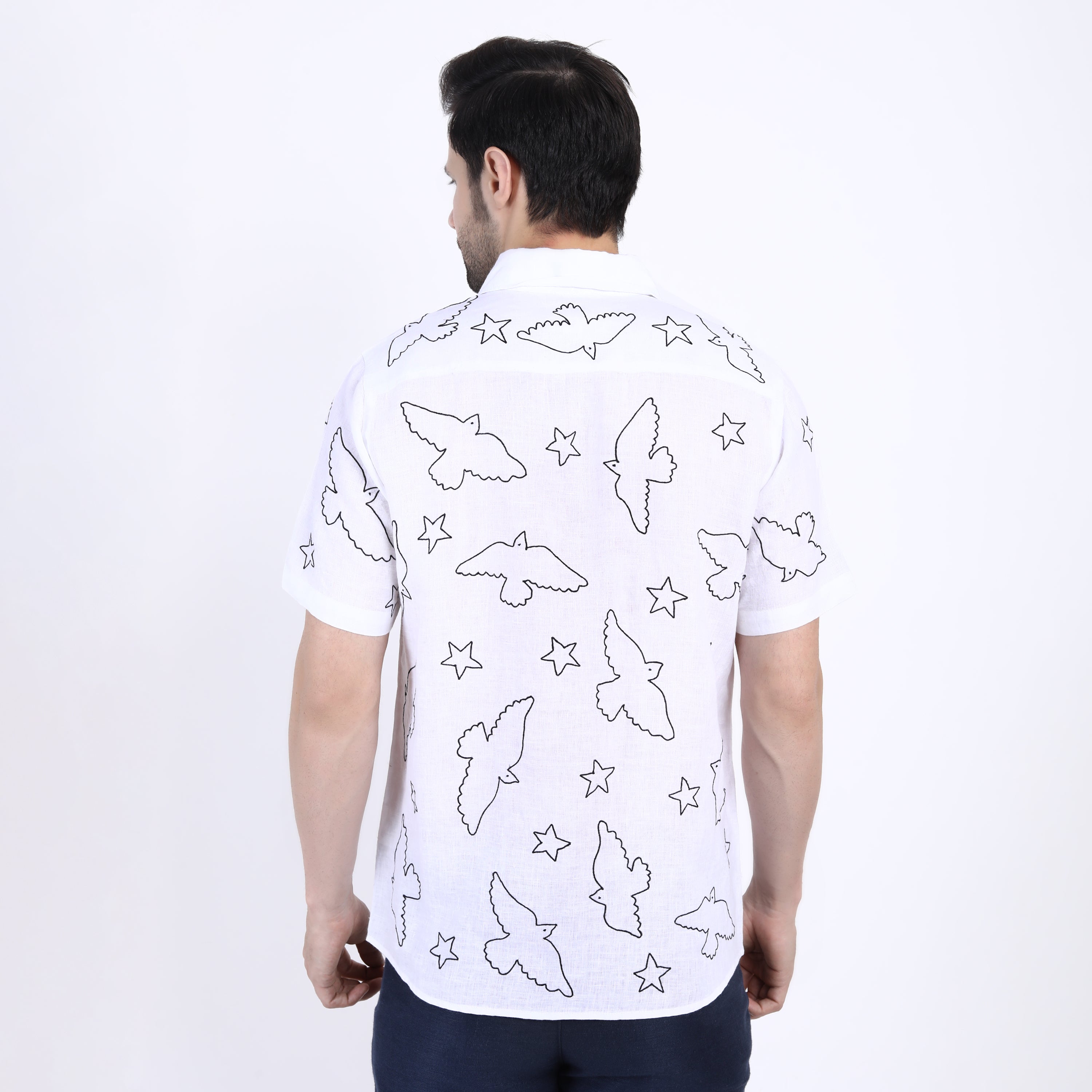 White Bird Outline Embroidered Linen Half Sleeve Shirt